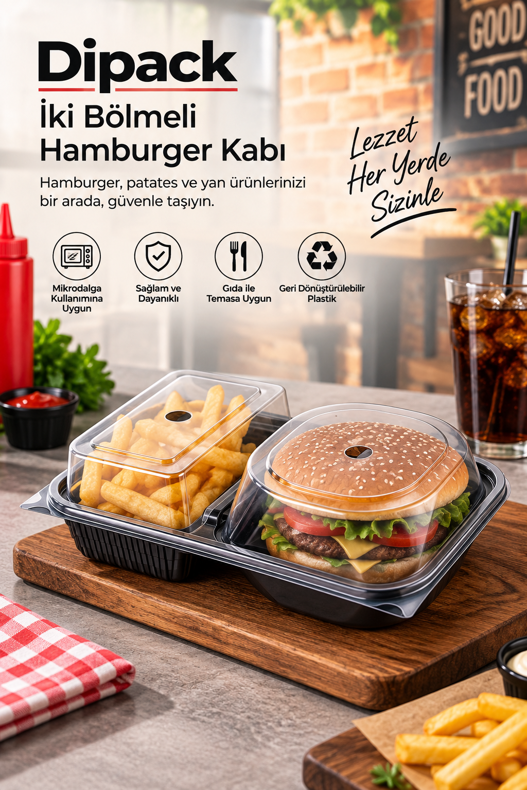 Dipack İki Bölmeli Hamburger Kabı 10 Koli 2.000 Adet Kampanyalı Fiyat