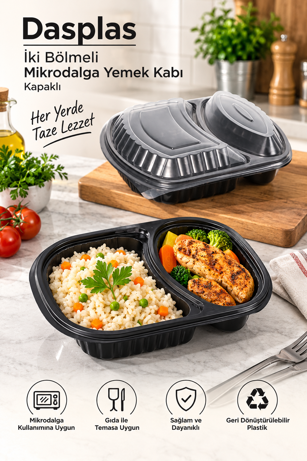Dasplas İki Bölmeli Mikrodalga Yemek Kabı Kapaklı