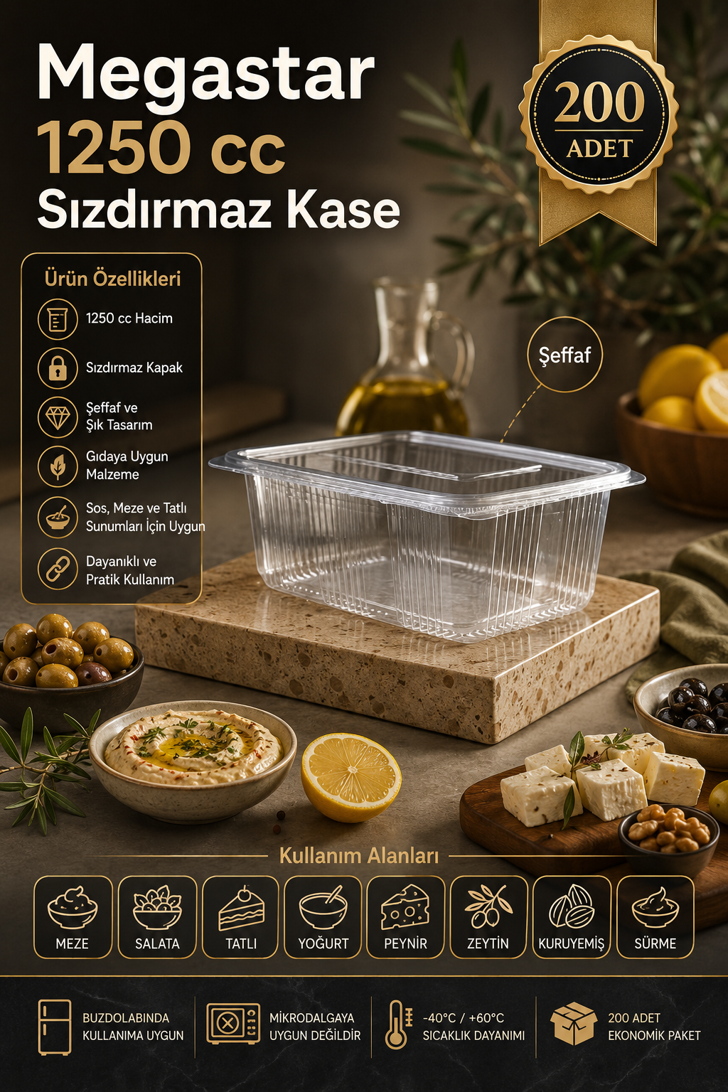 Megastar 1250 Gr Sızdırmaz Kase 200'lü – Kapaklı Büyük Boy Gıda ve Meze Kabı