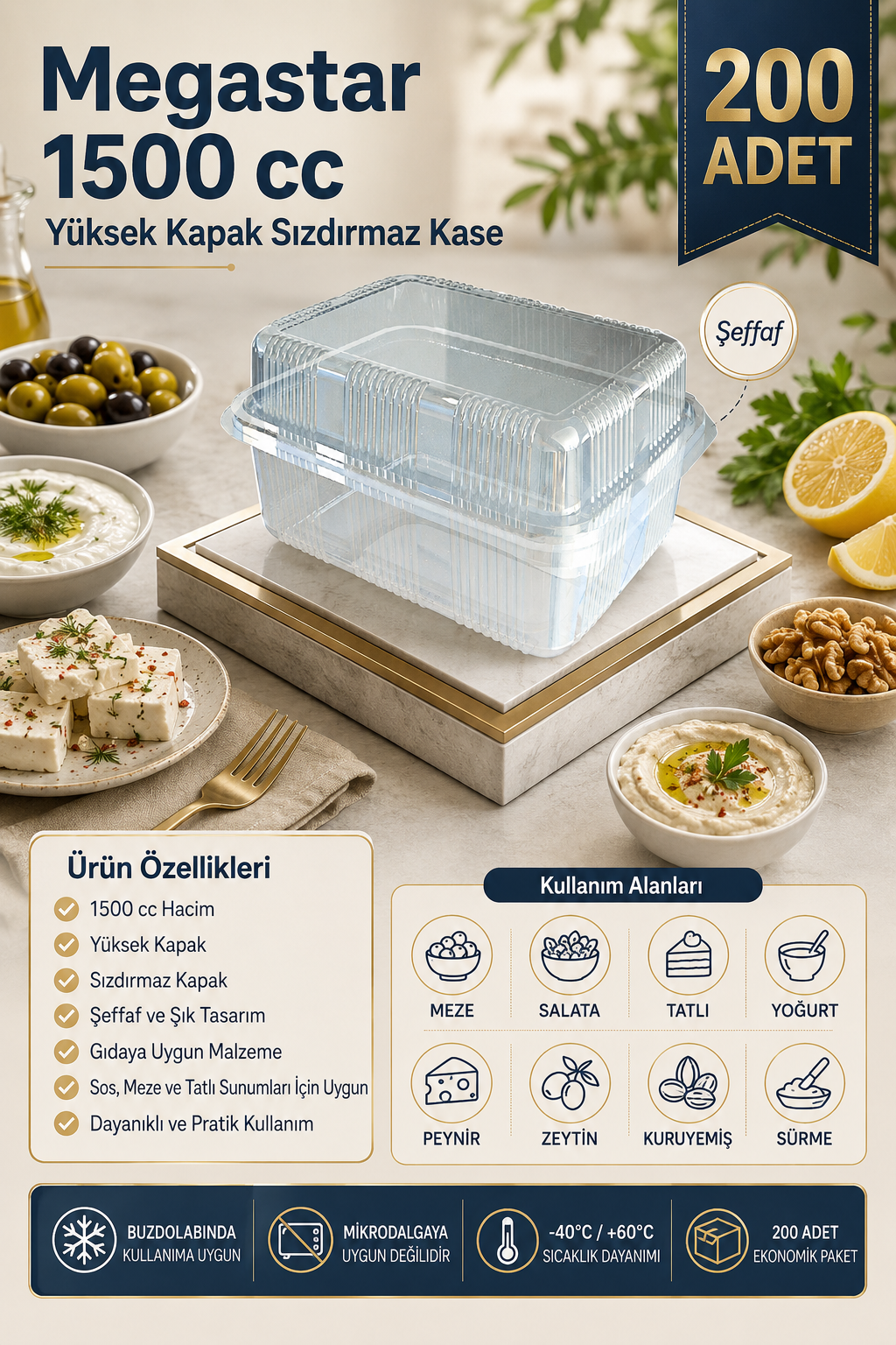 Megastar 1500 Gr Yüksek Kapaklı Sızdırmaz Kase 200'lü – Kapaklı Büyük Boy Gıda Kabı
