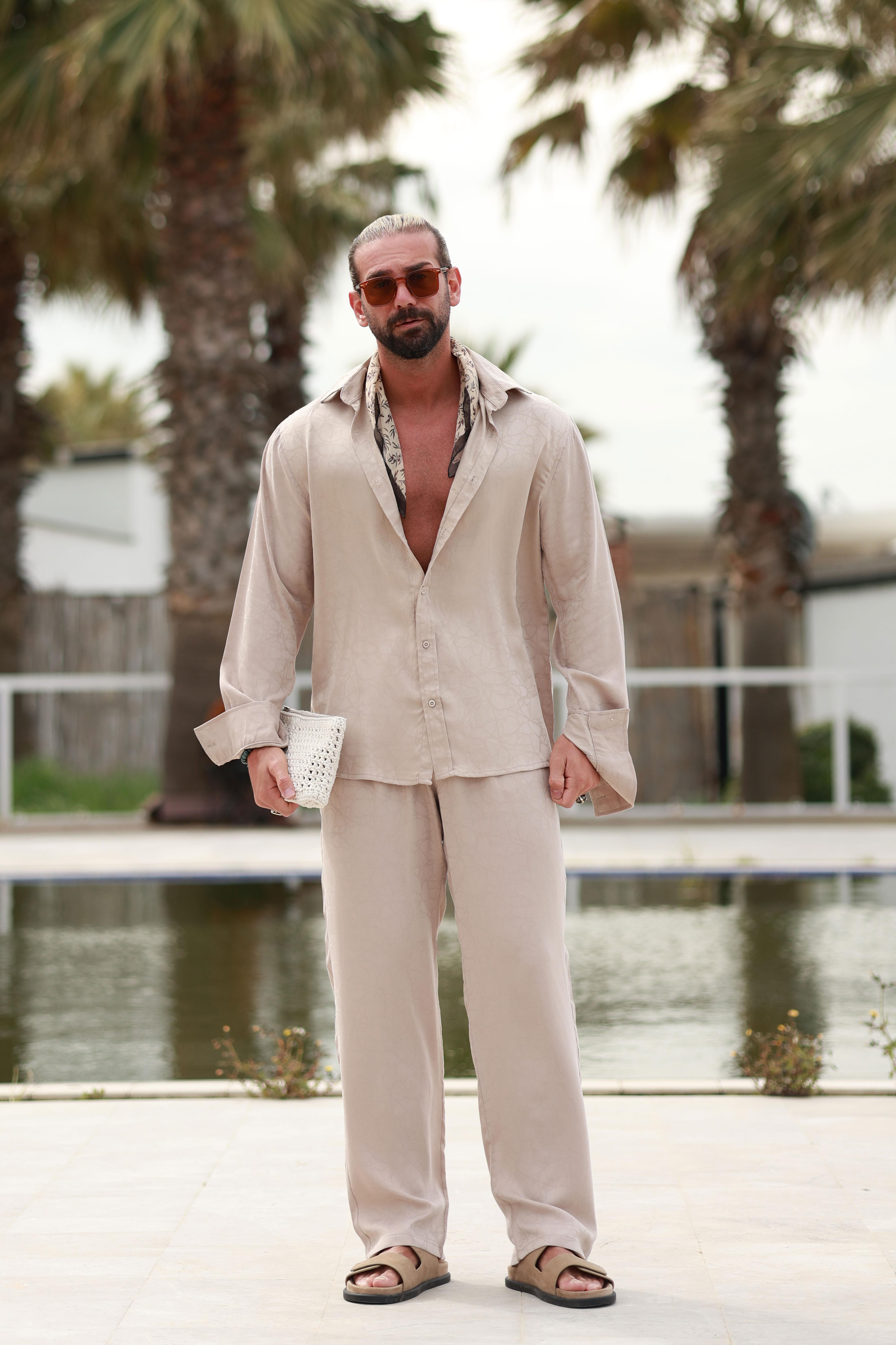 Premium Kalite Bej Oversize Jakar Desenli Yazlık Salaş Takım