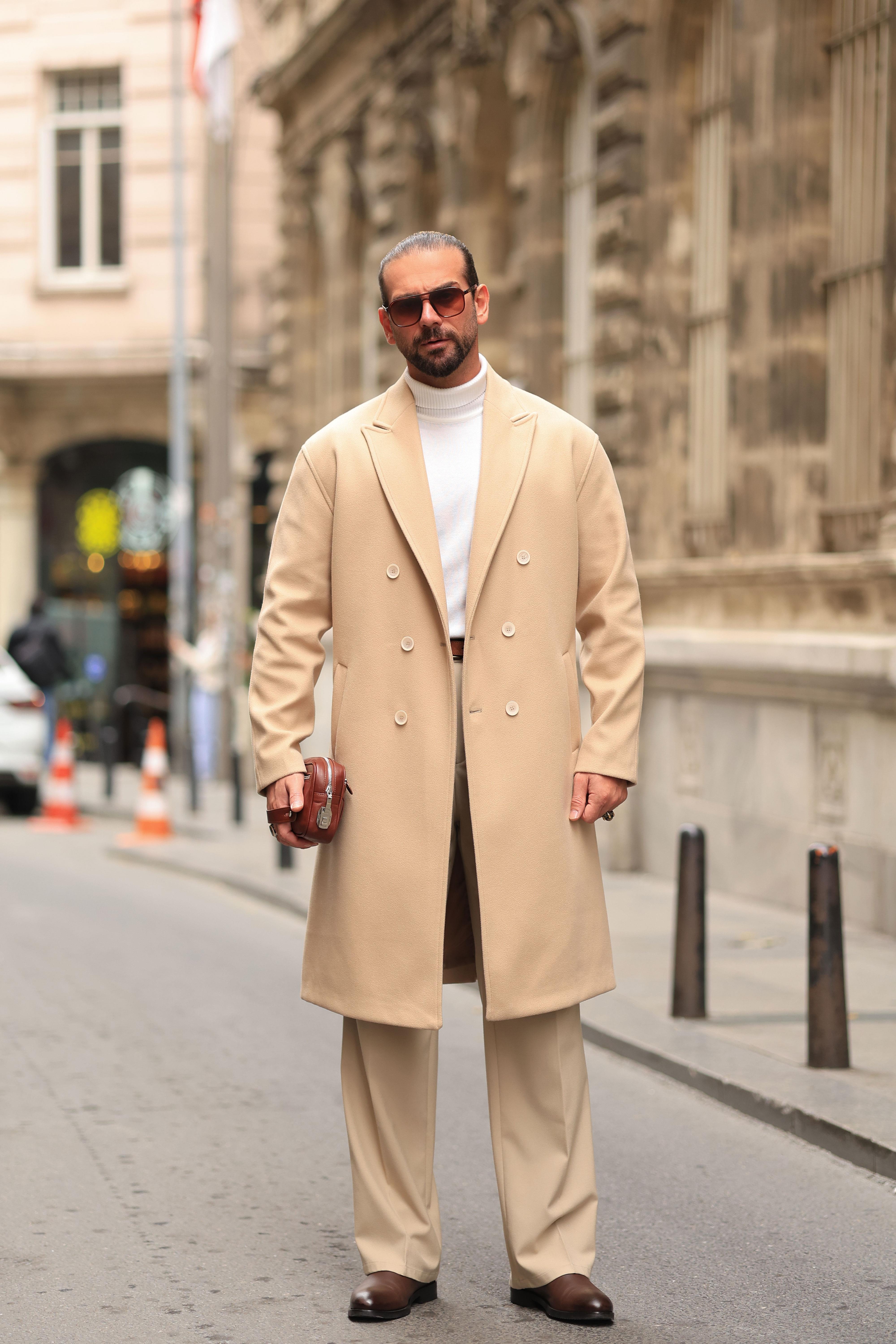 Premium Kalite Bej Özel Dikim Oversize Kaşe Kaban