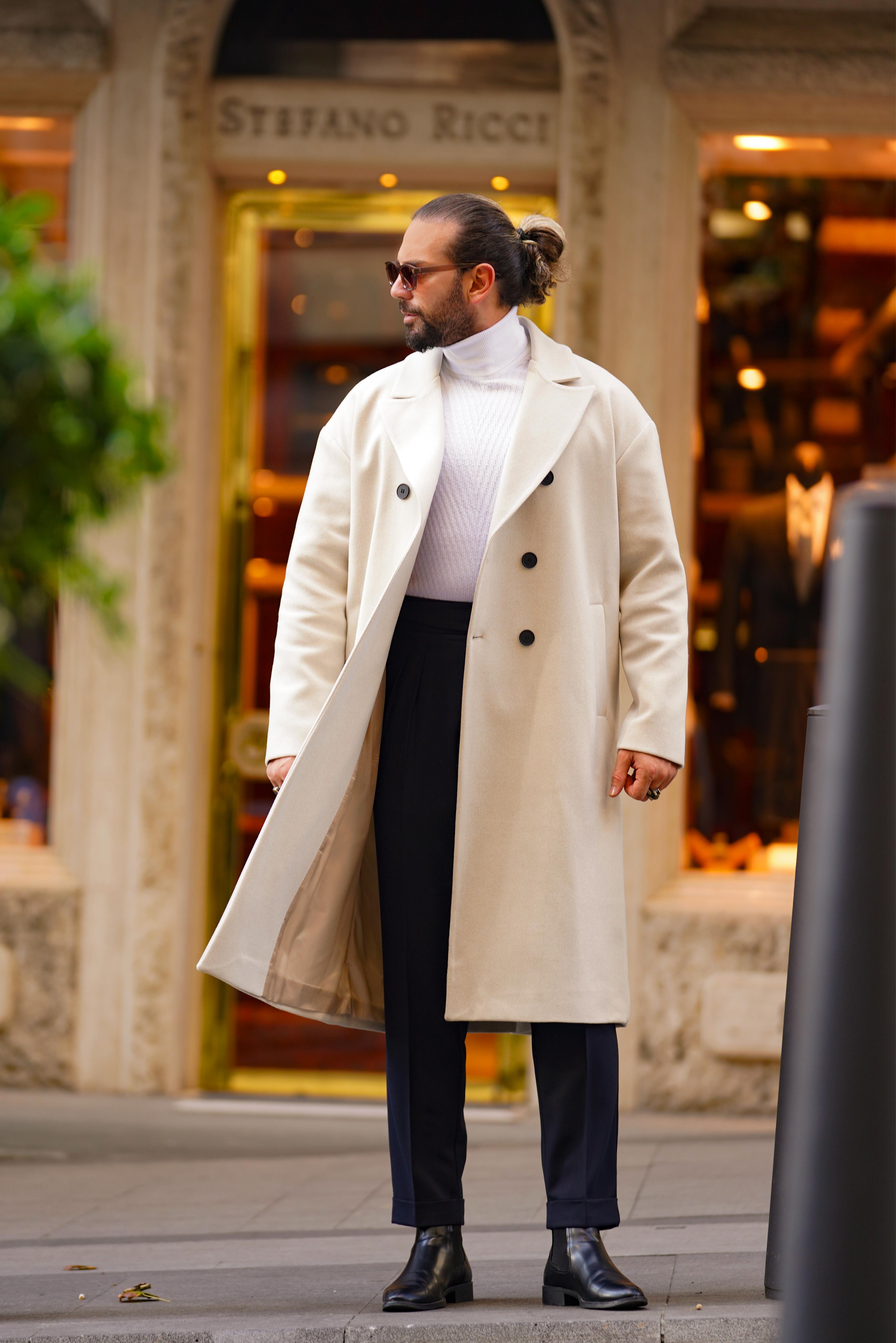 Premium Kalite Açık Bej Oversize Kruvaze Kaşe Kaban