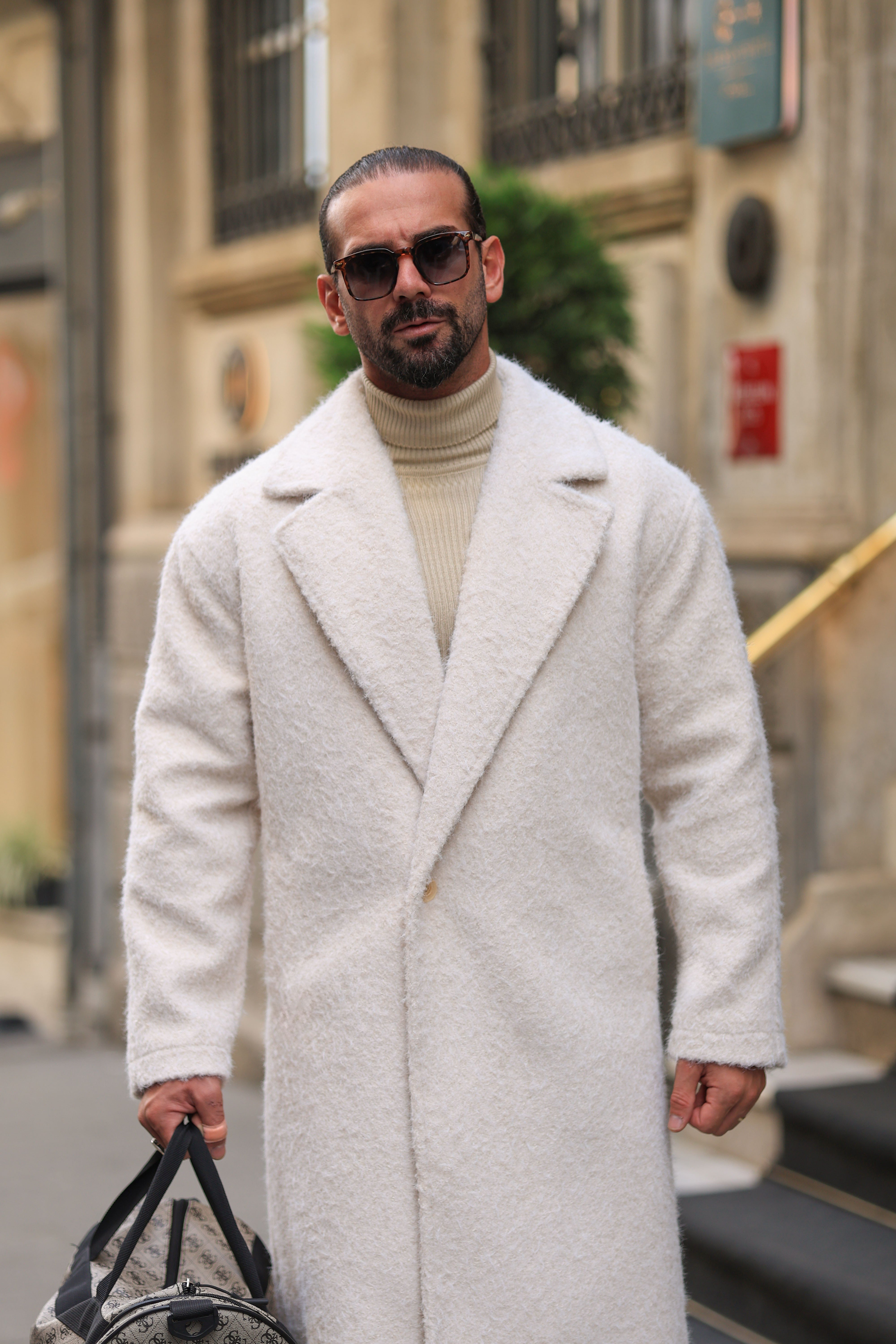 Premium Ekru %60 Yün %40 Pamuk Oversize Tek Düğme Detay Kaban