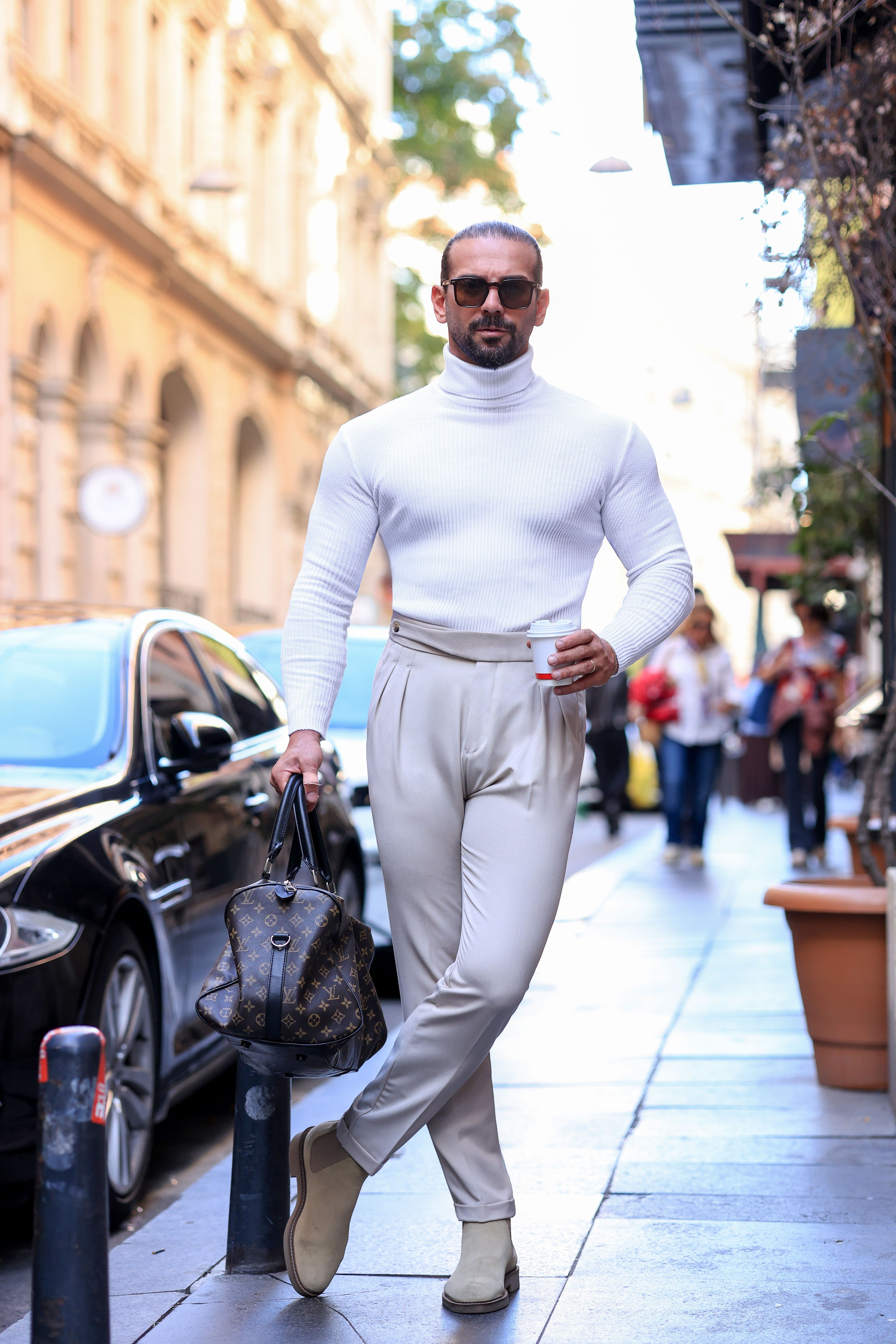 Premium Kalite Bej Rengi Özel Zincir Dikiş ve Çift Kemer Detay İtalyan Kalıp Pantolon