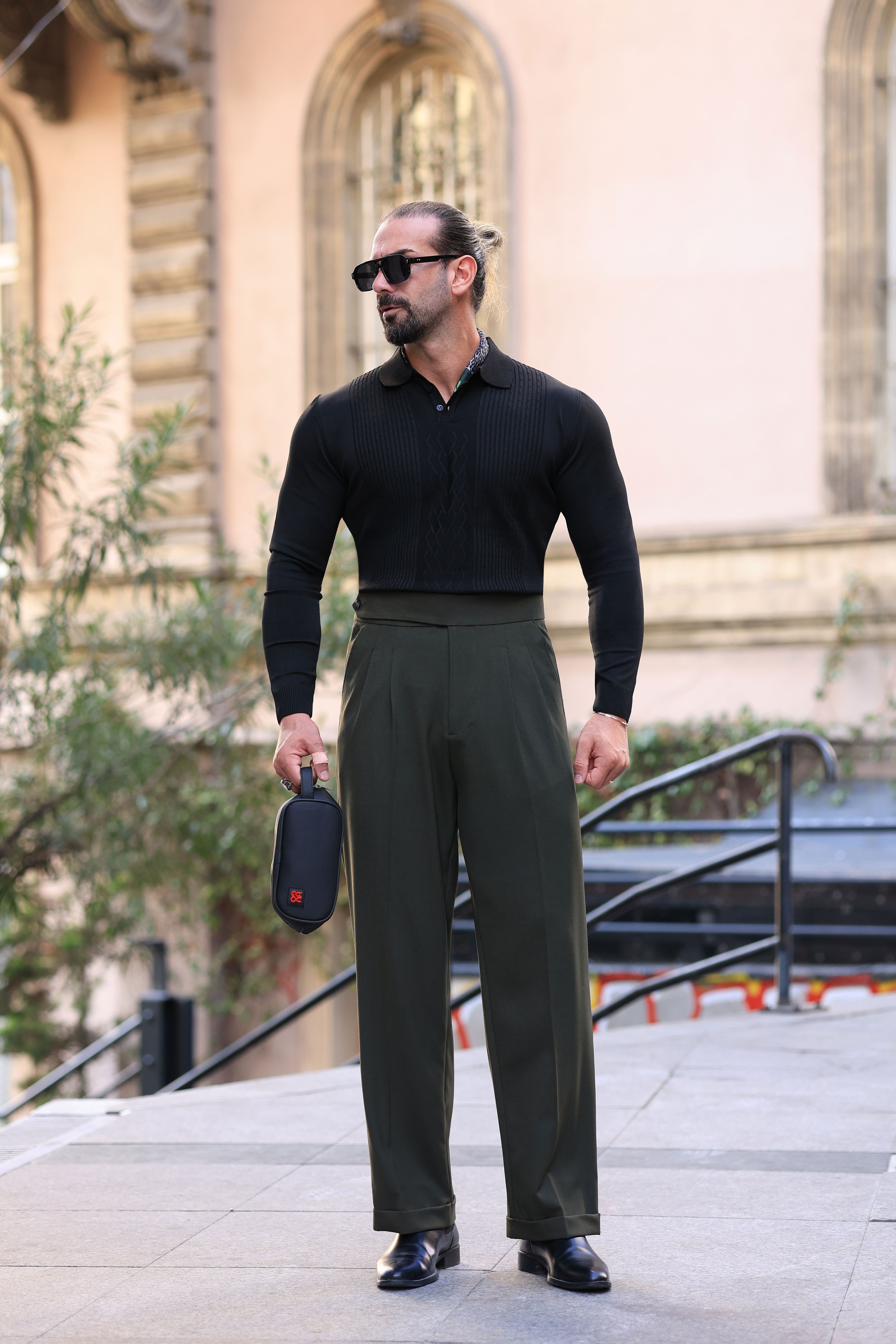 Premium Kalite Haki Yandan Kemer Detay Double Paça Baggy Pantolon