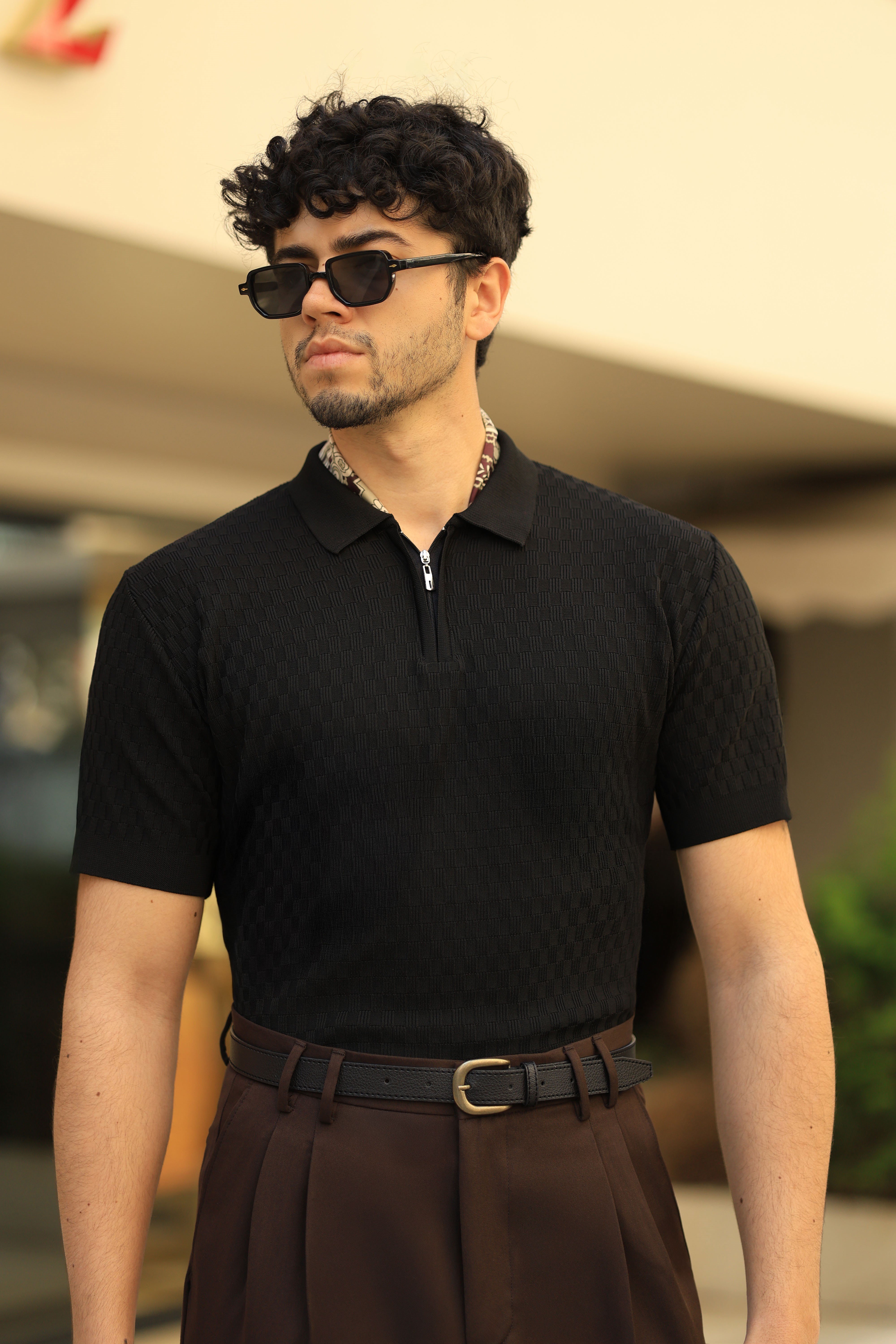 Premium Kalite Siyah Makro Mozaik Desen Regular Fit Triko