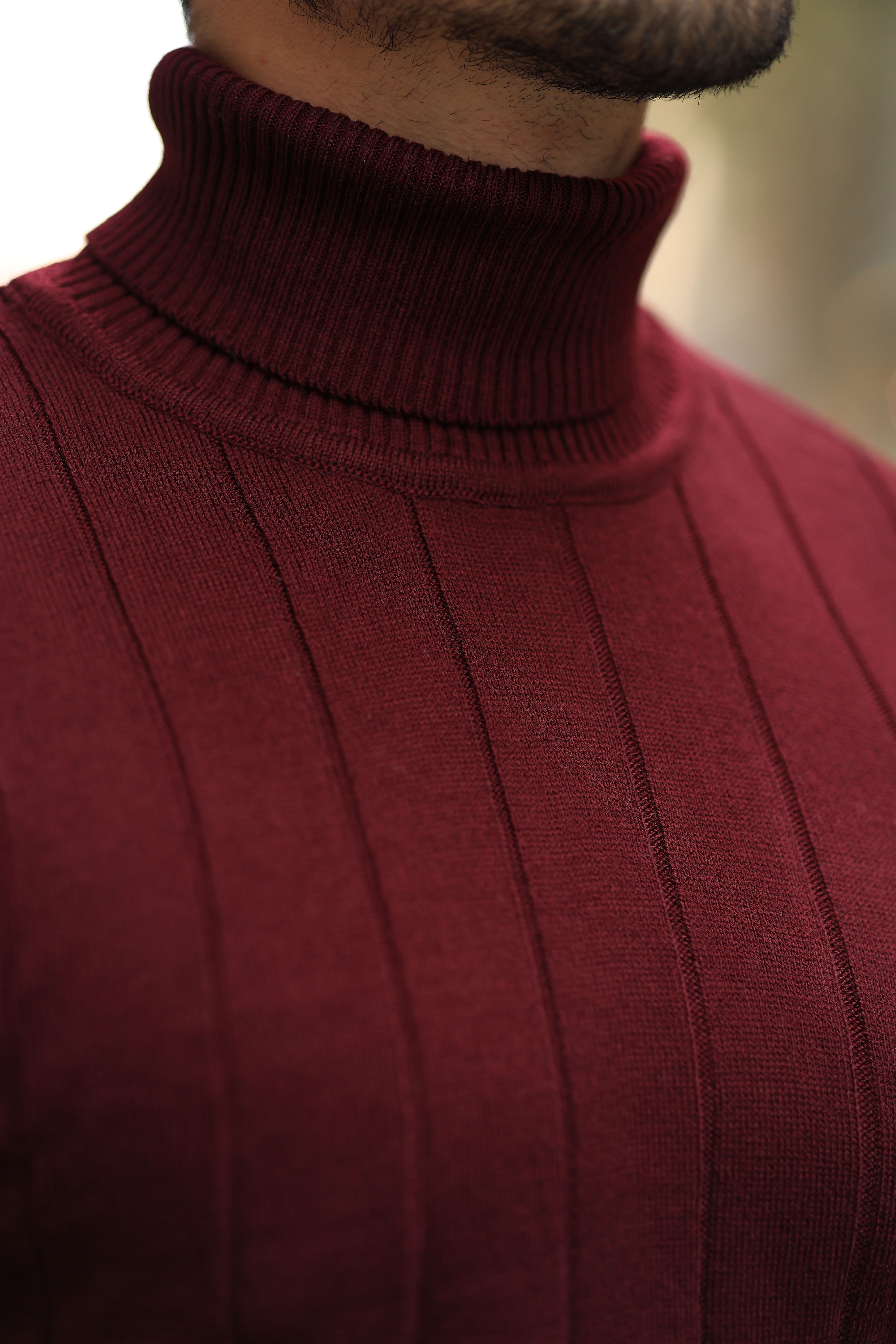 %100 Pamuk Bordo Geniş Dikey Çizgi Detay Boğazlı Triko