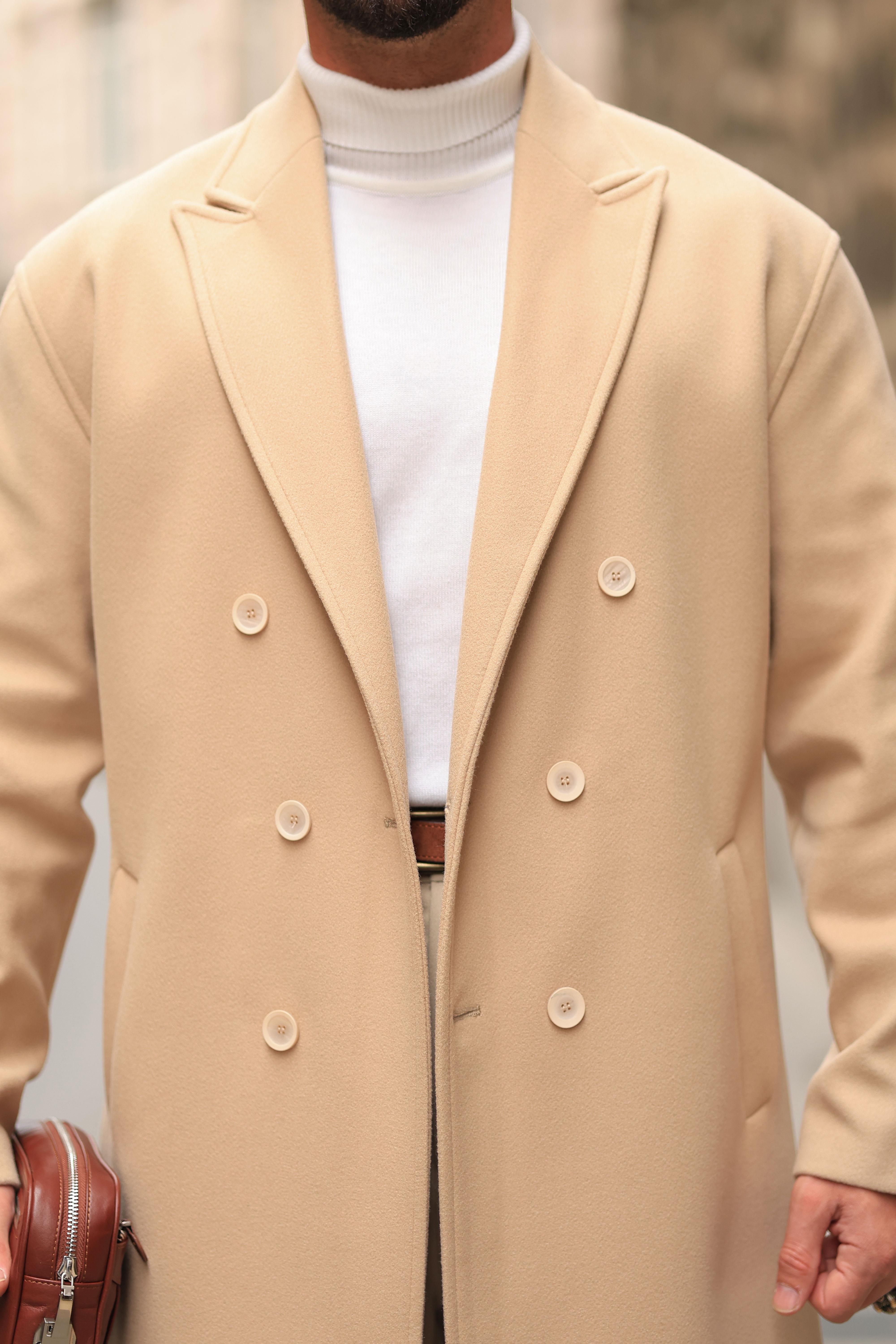 Premium Kalite Bej Özel Dikim Oversize Kaşe Kaban