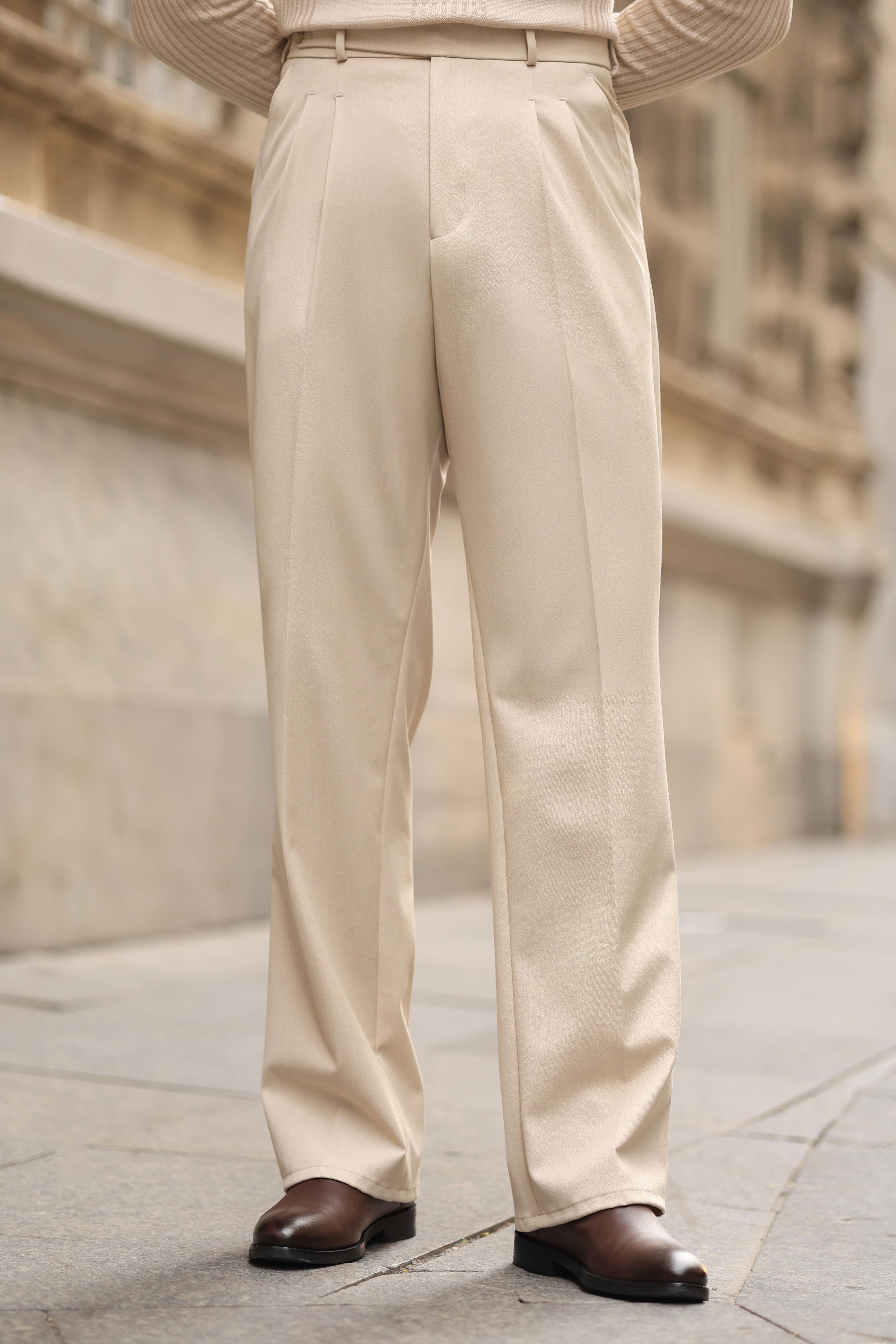 1.Kalite Bej Rengi Çift Pileli Kemer Detaylı Casual Baggy Pantolon