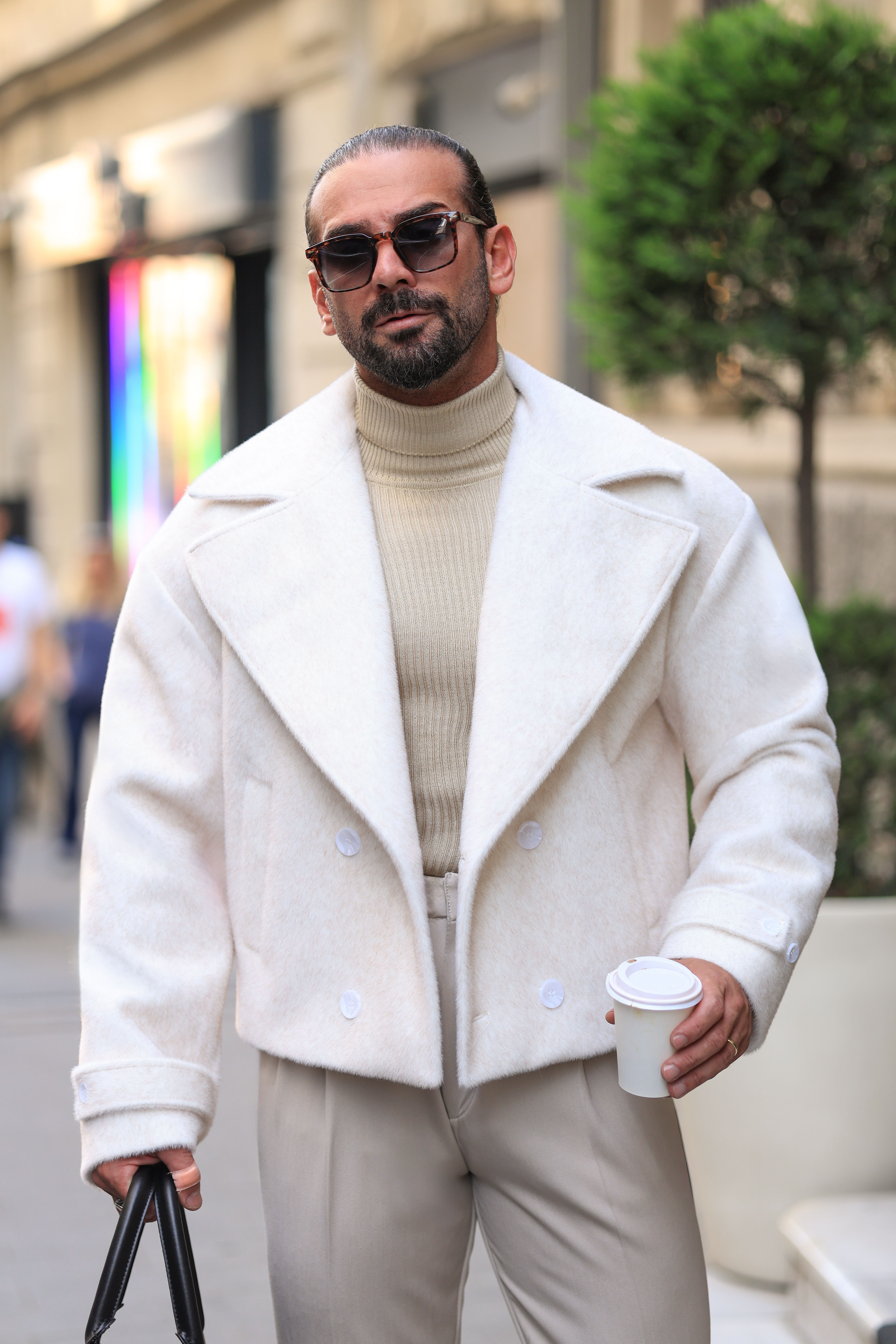 Premium Kalite Ekru Oversize Kruvaze Krop Fox Ceket