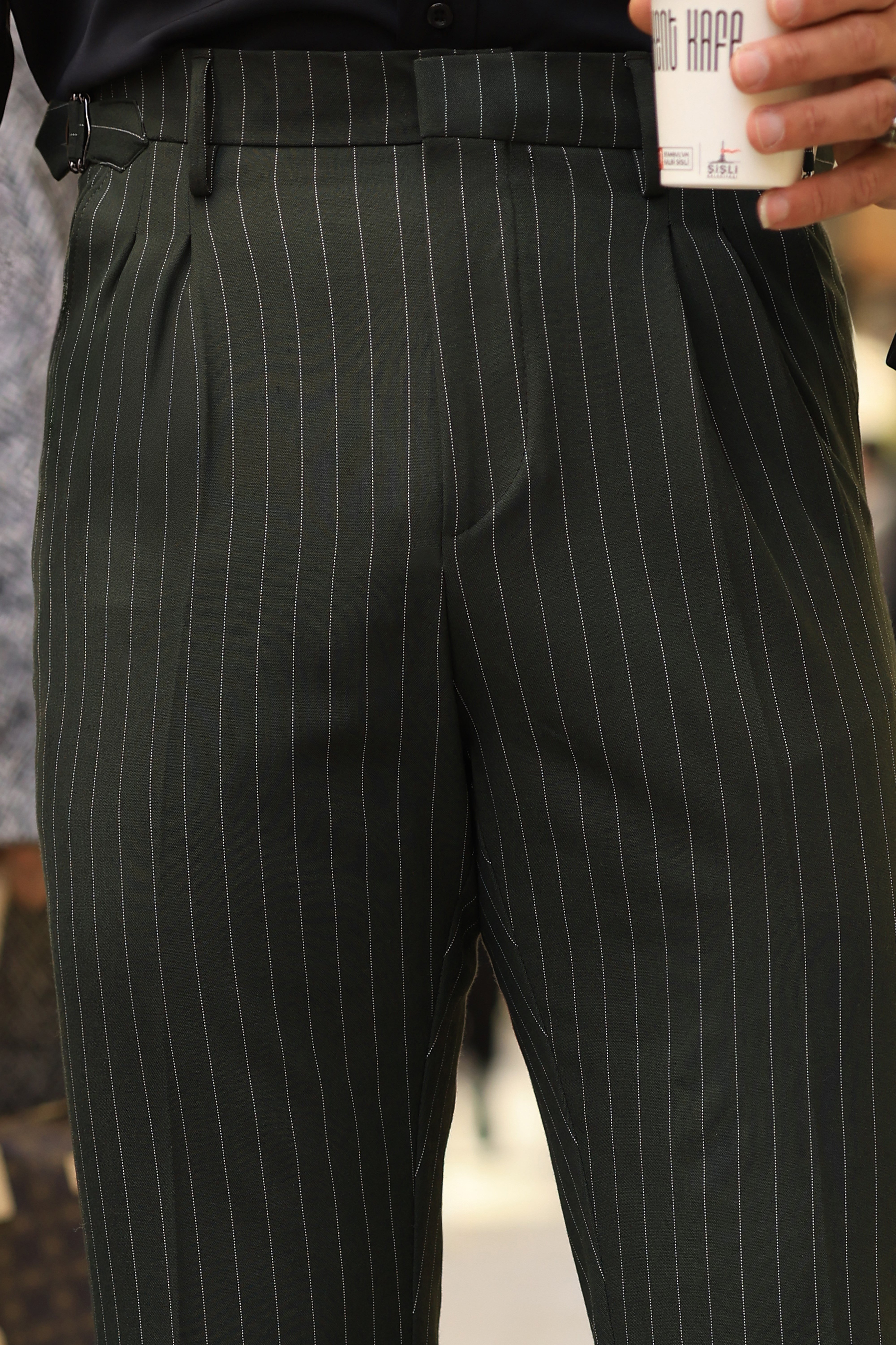 1.Kalite Haki Çift Pileli Yandan Kanca ve Çizgi Detay Yüksek Bel Pantolon