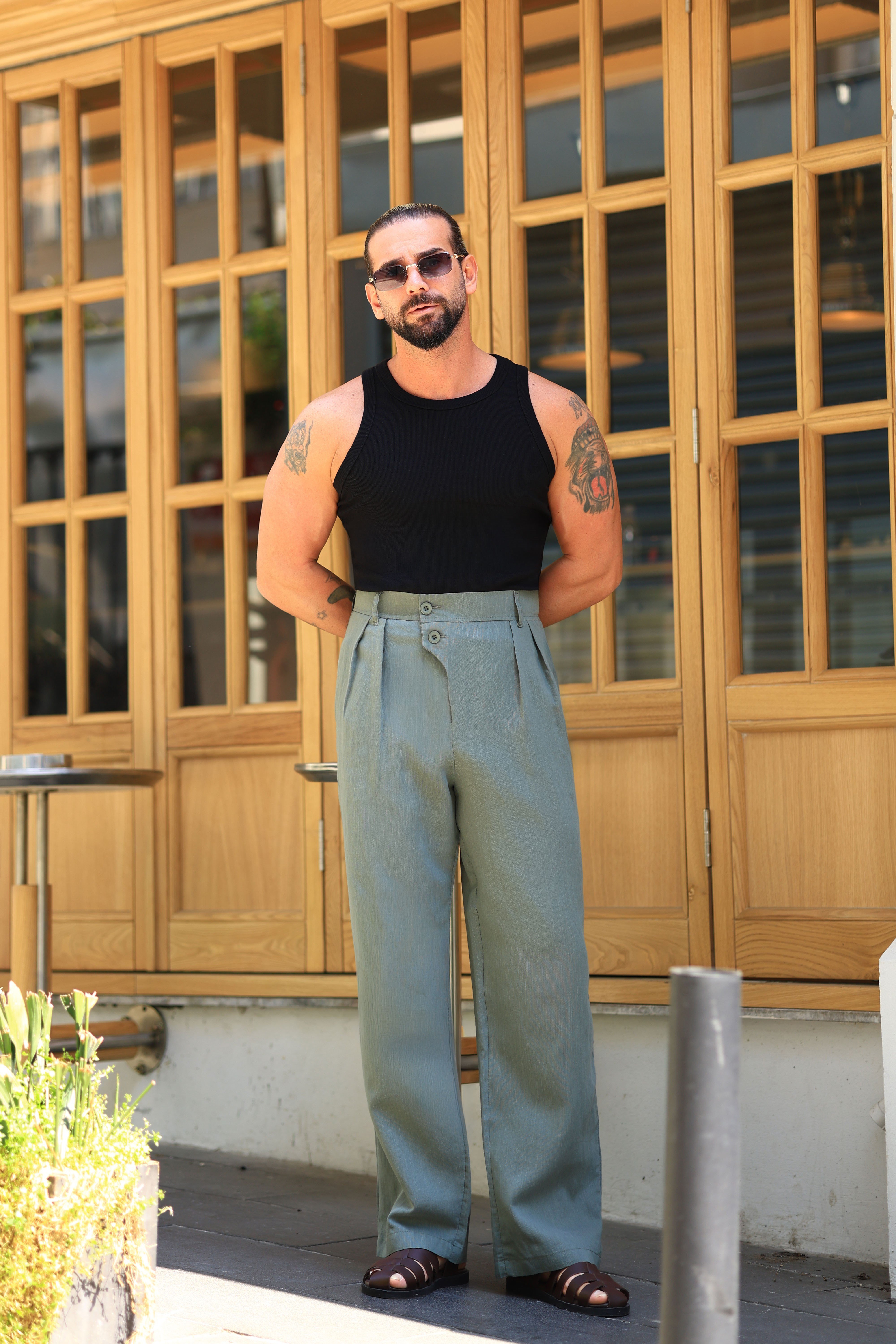 Premium Kalite Yeşil %70 Pamuk %30 Keten İtalyan Stil Pantolon