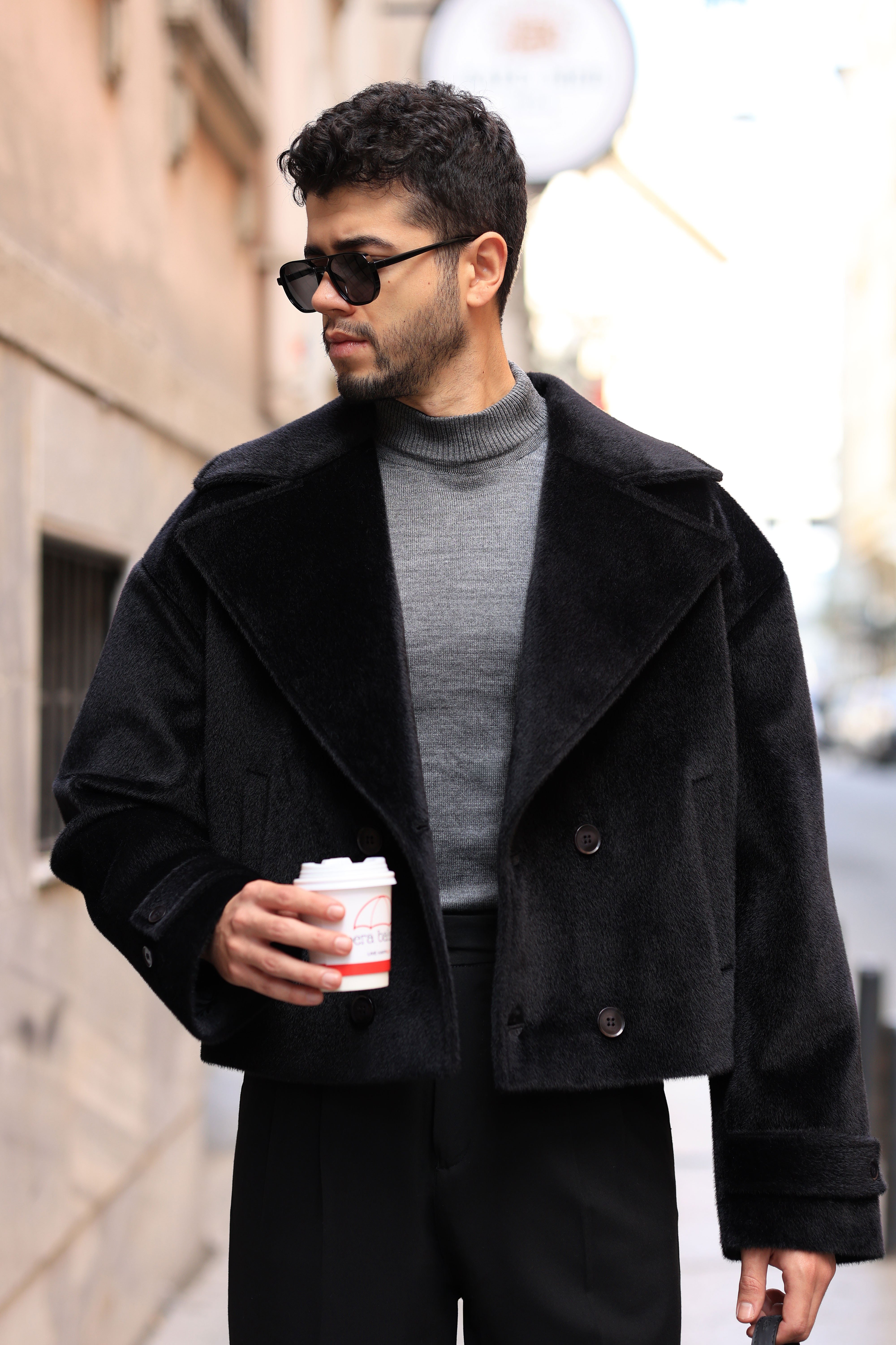 Premium Kalite Siyah Oversize Kruvaze Krop Fox Ceket