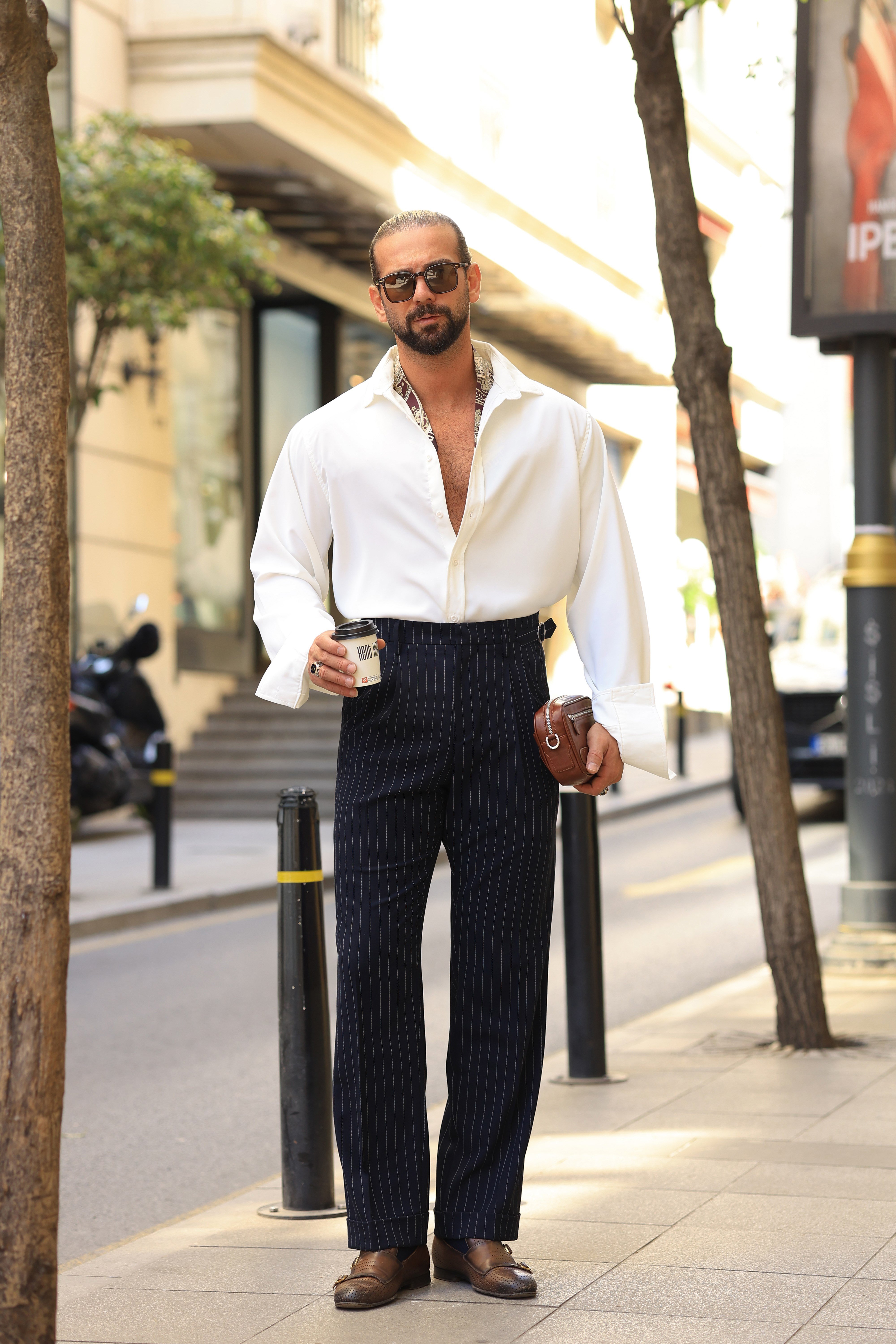 1.Kalite Lacivert Çift Pileli Yandan Kanca ve Çizgi Detay Yüksek Bel Pantolon