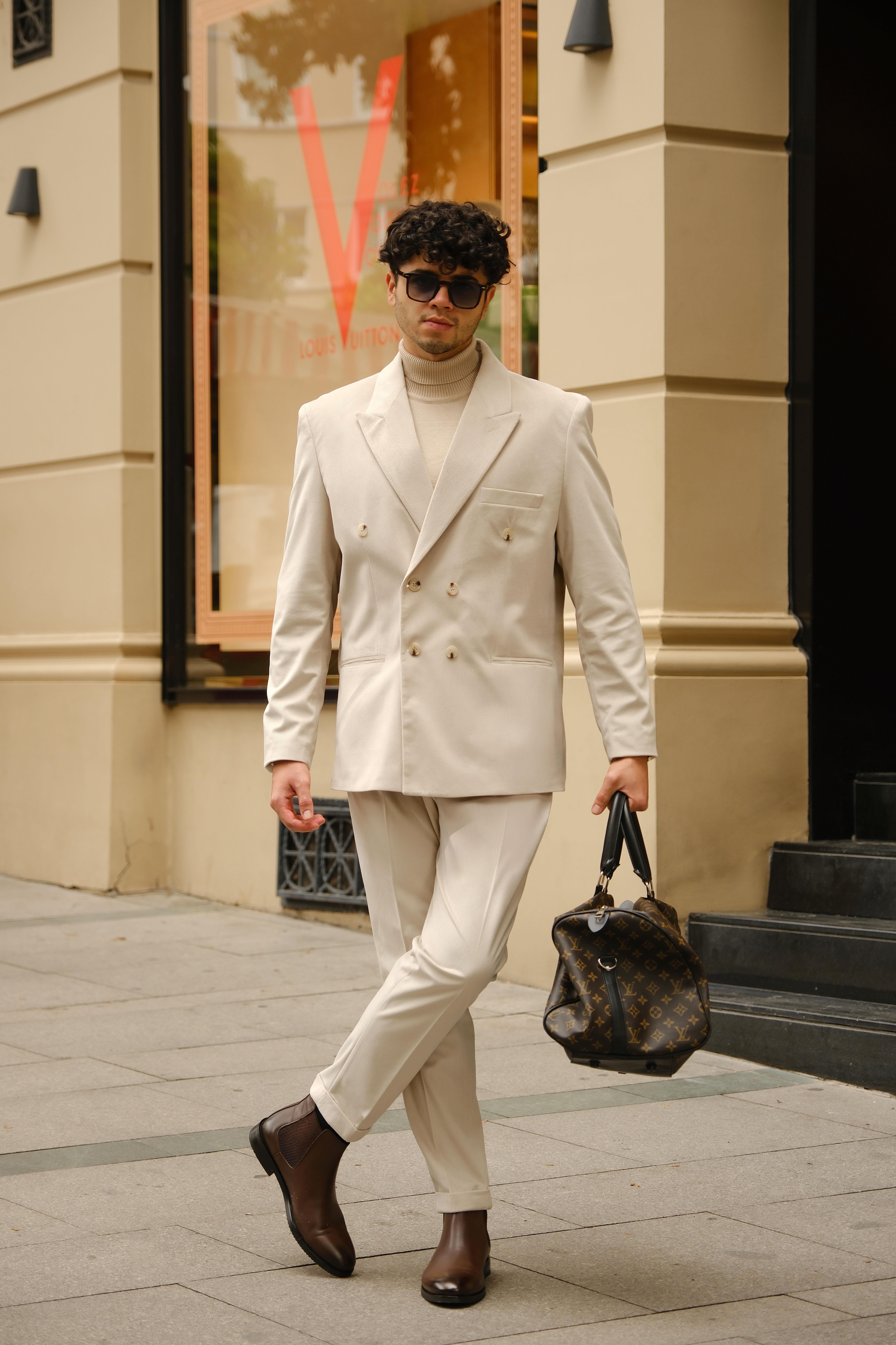 İtalyan Style&Oversize Bej Rengi %100 Pamuk Kadife Kumaş Özel Tasarım Takım Elbise
