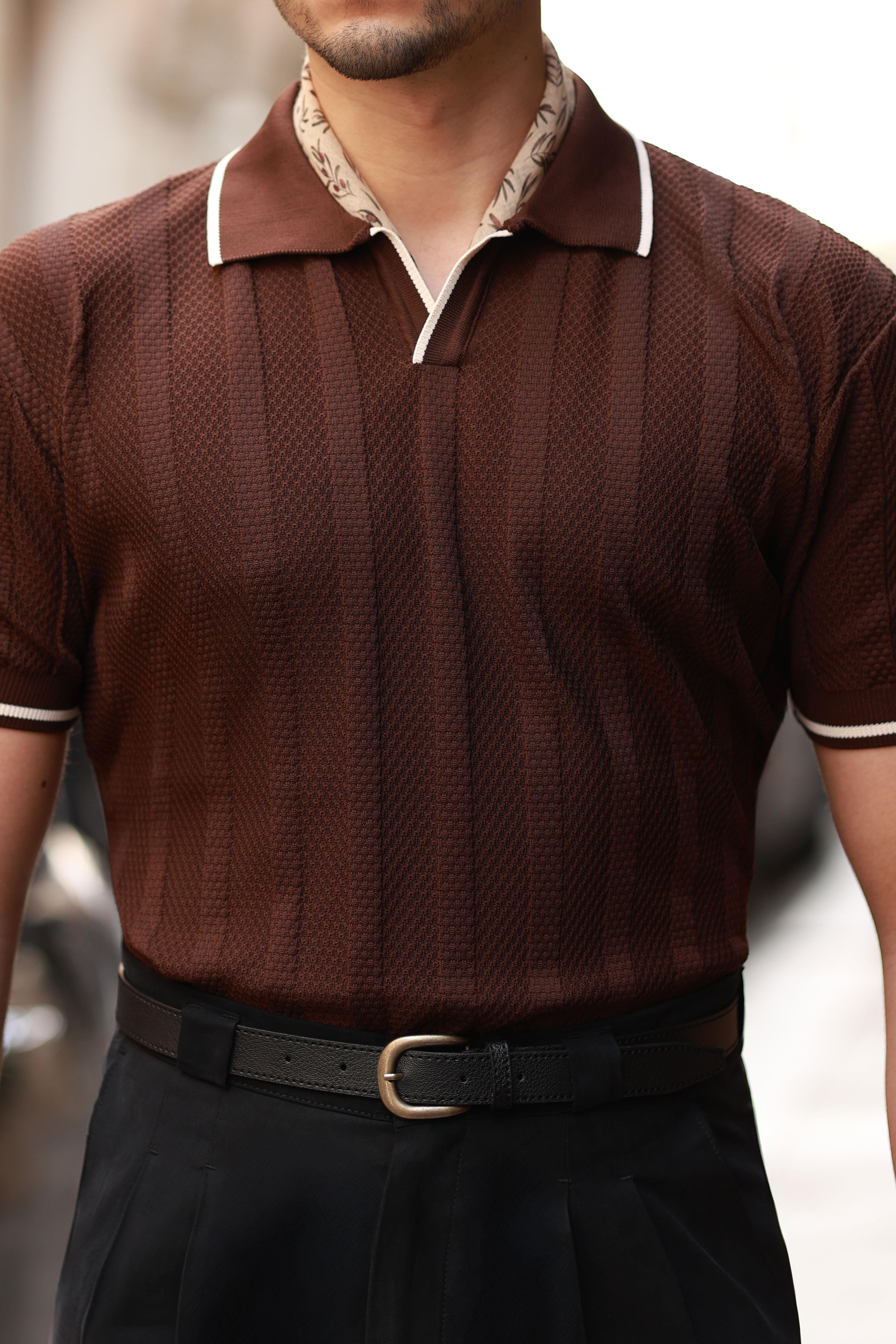 Premium Kalite Şerit Detaylı Kahverengi Regular Fit Triko