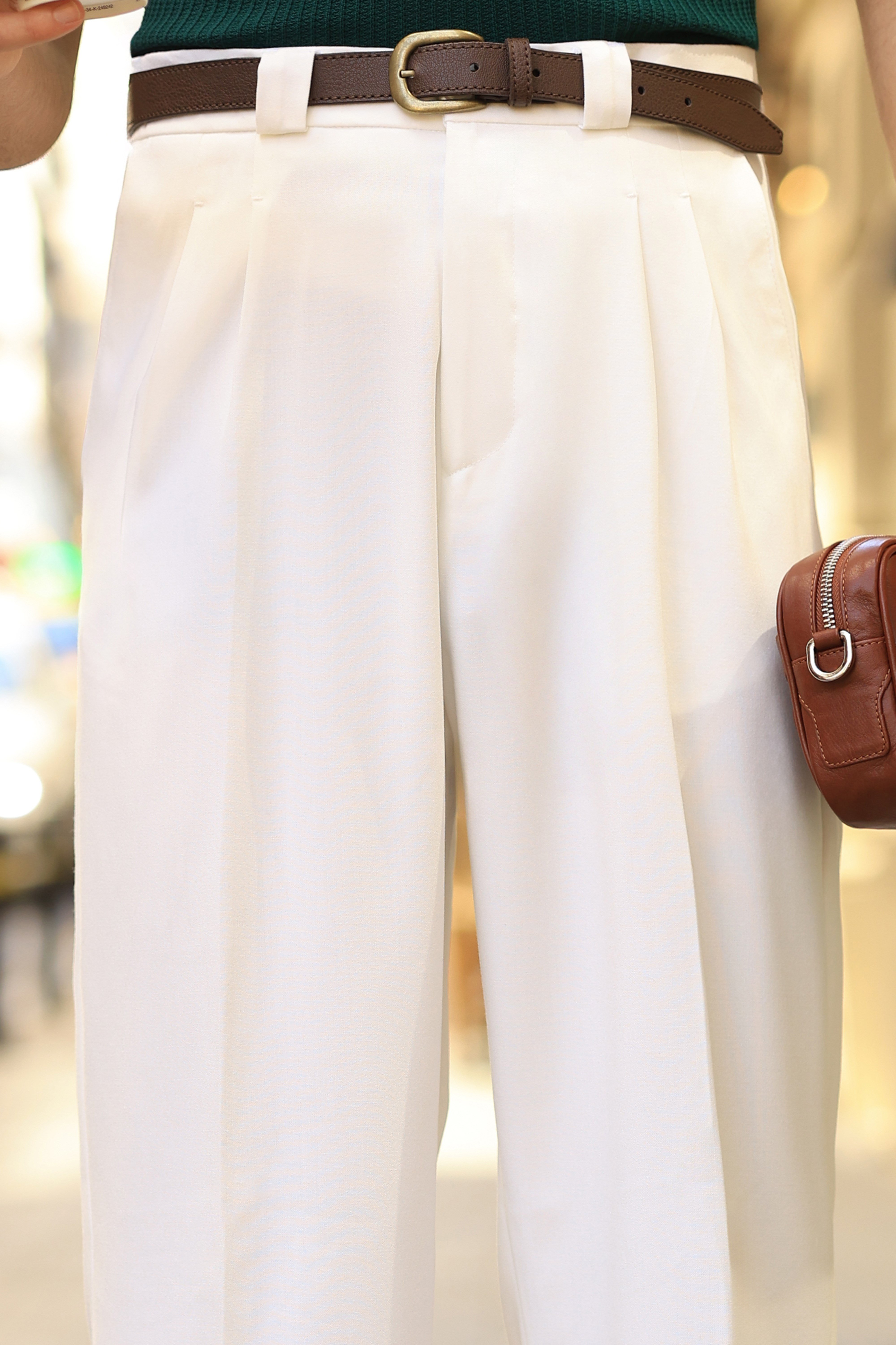 Premium Kalite Ekru Çift Pileli Yüksek Bel Kalın Köprü Detay Baggy Fit Pantolon