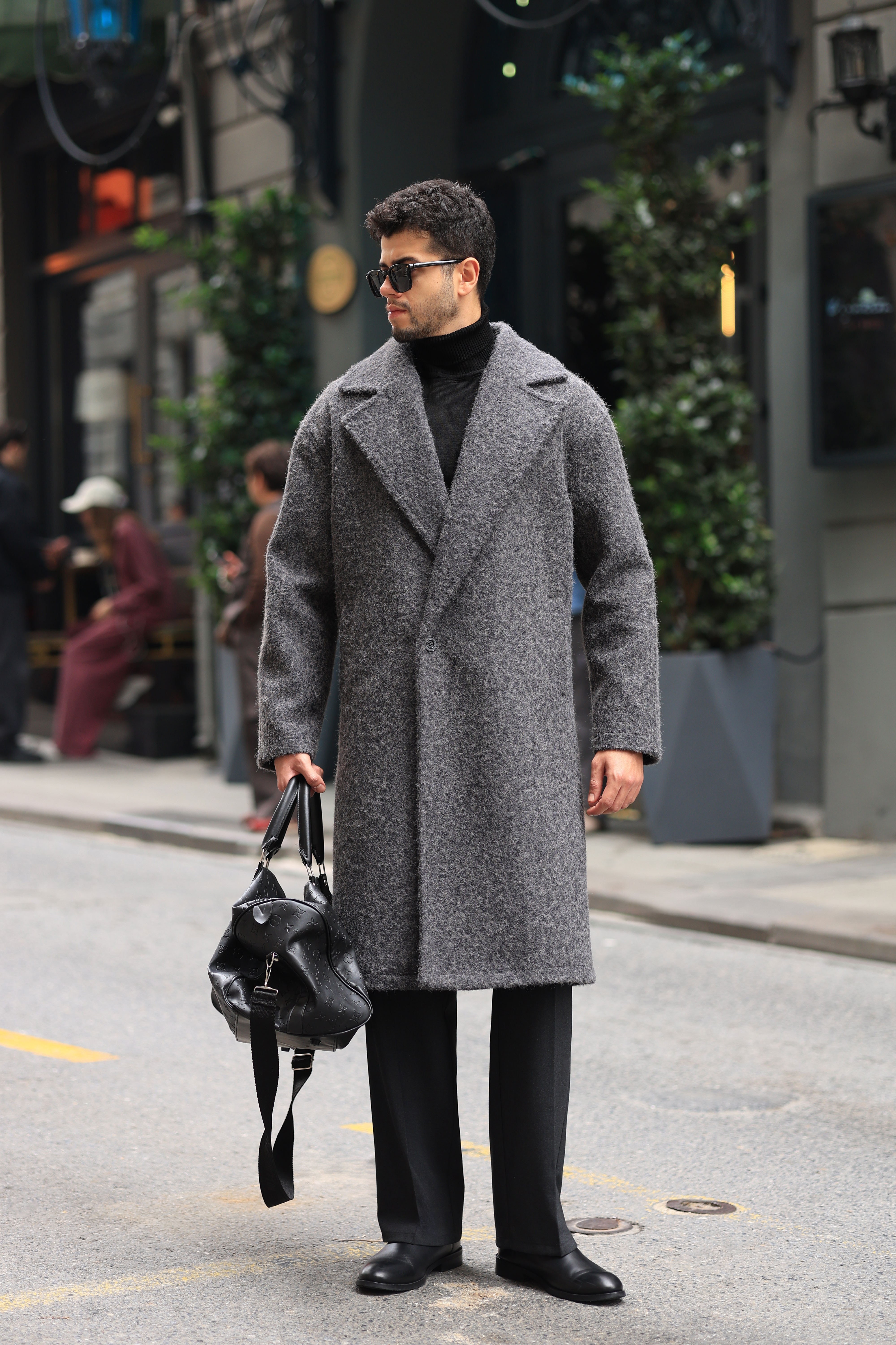 Premium Kalite Antrasit %60 Yün %40 Pamuk Oversize Tek Düğme Detay Kaban