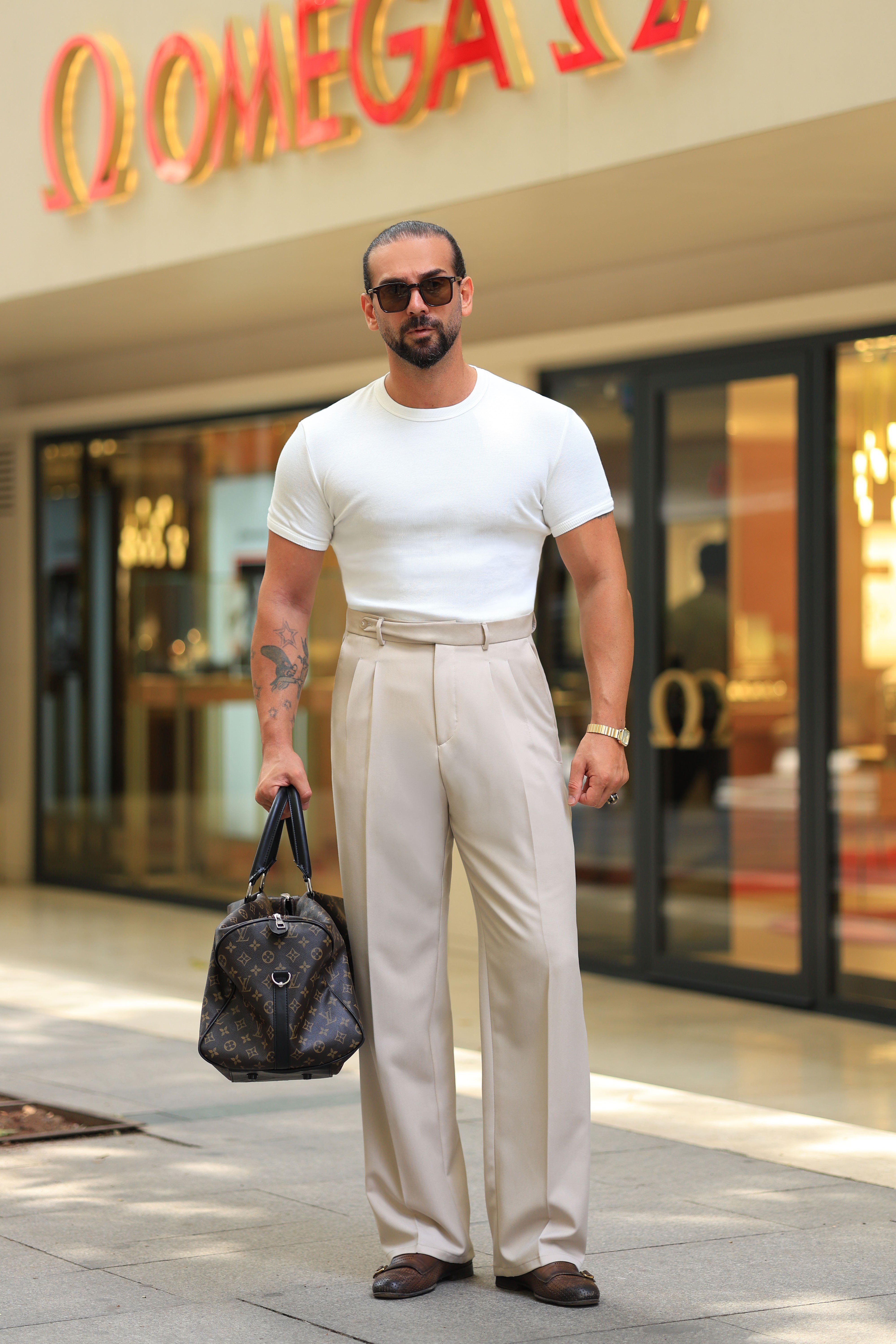 1.Kalite Bej Rengi Çift Pileli Kemer Detaylı Casual Baggy Pantolon