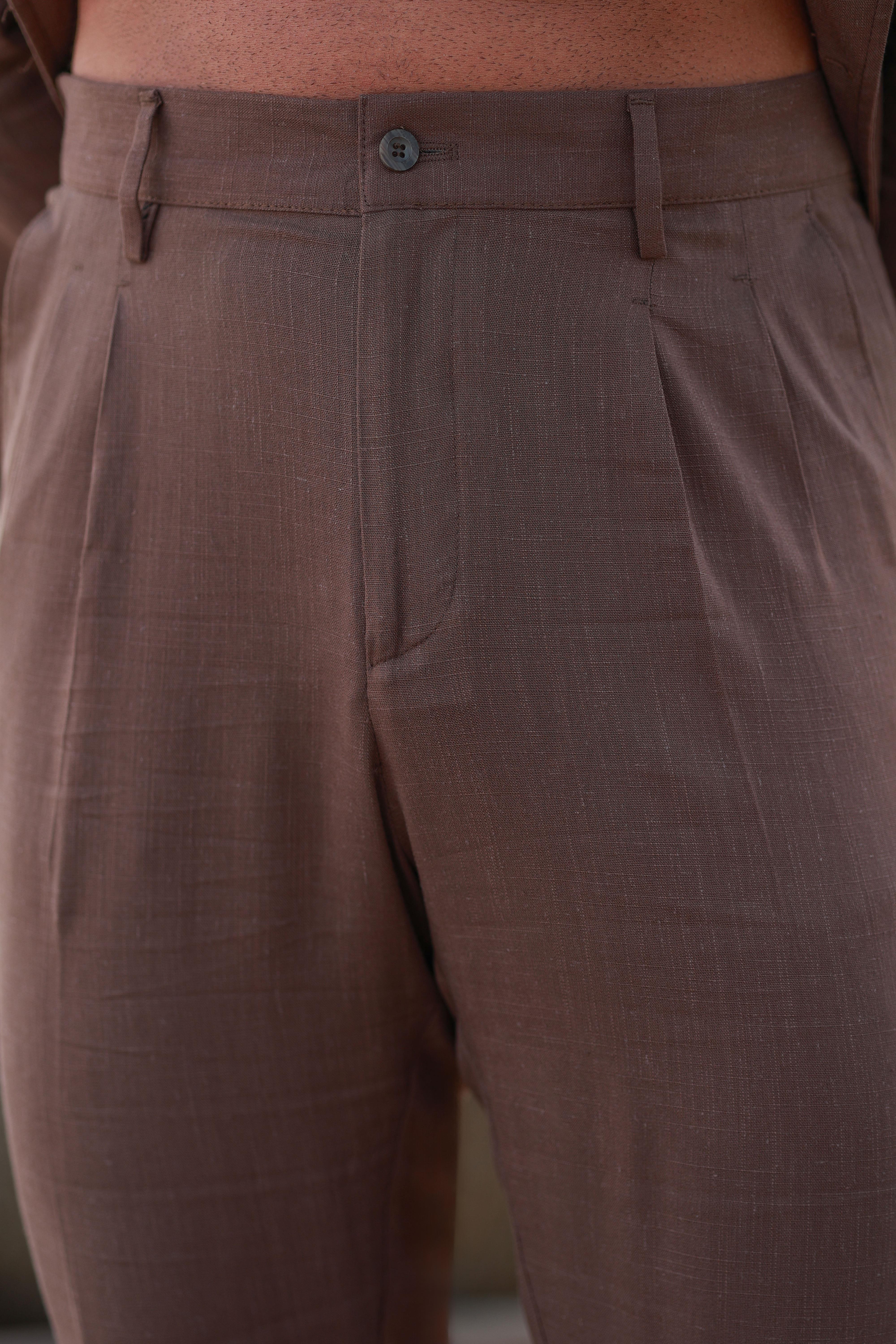 Premium Kalite Kahverengi %70 Saf Keten %30 Pamuk İtalyan Style Regular Fit Çift Pileli Pantolon