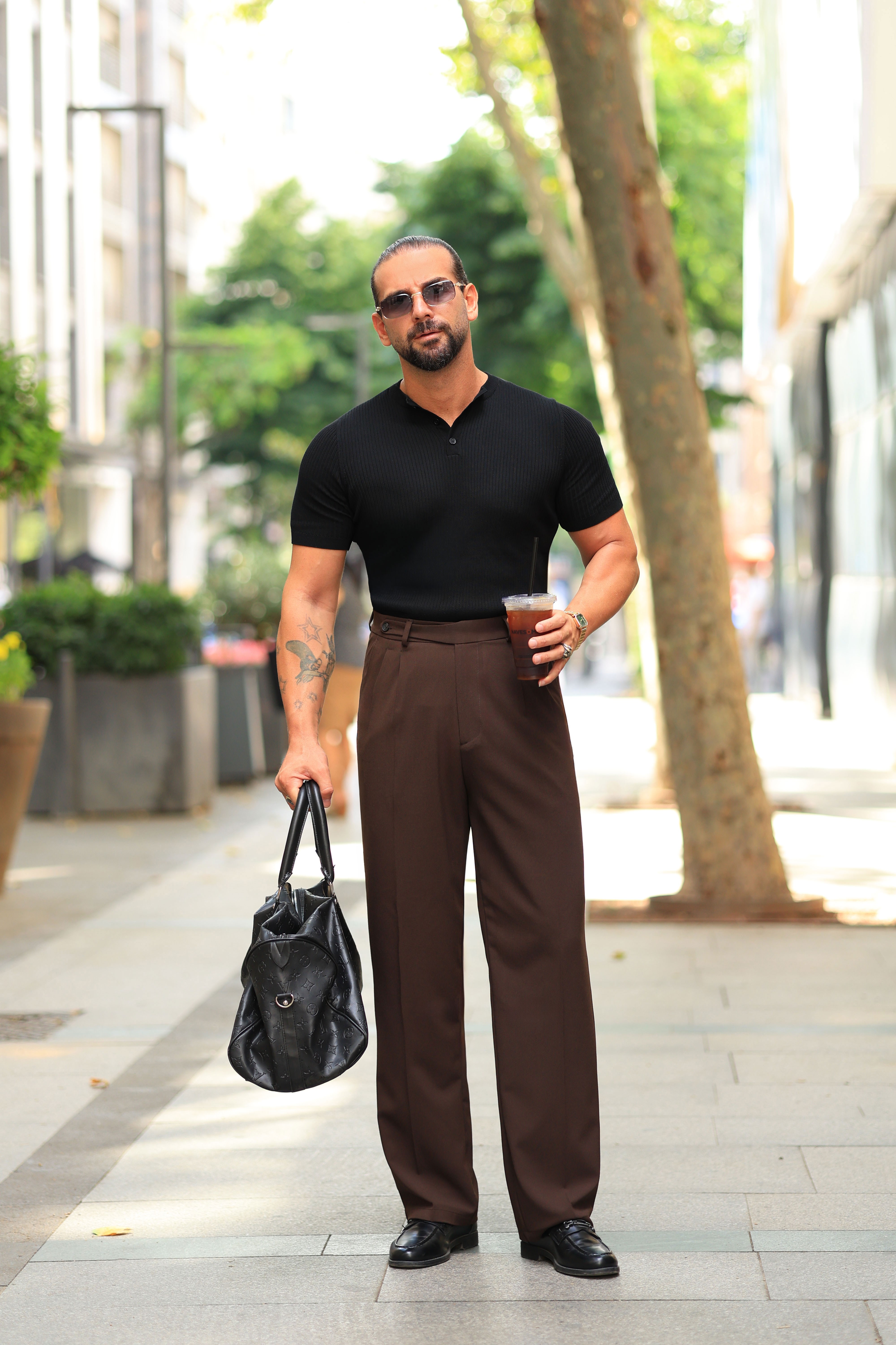1.Kalite Kahverengi Çift Pileli Kemer Detaylı Casual Baggy Pantolon