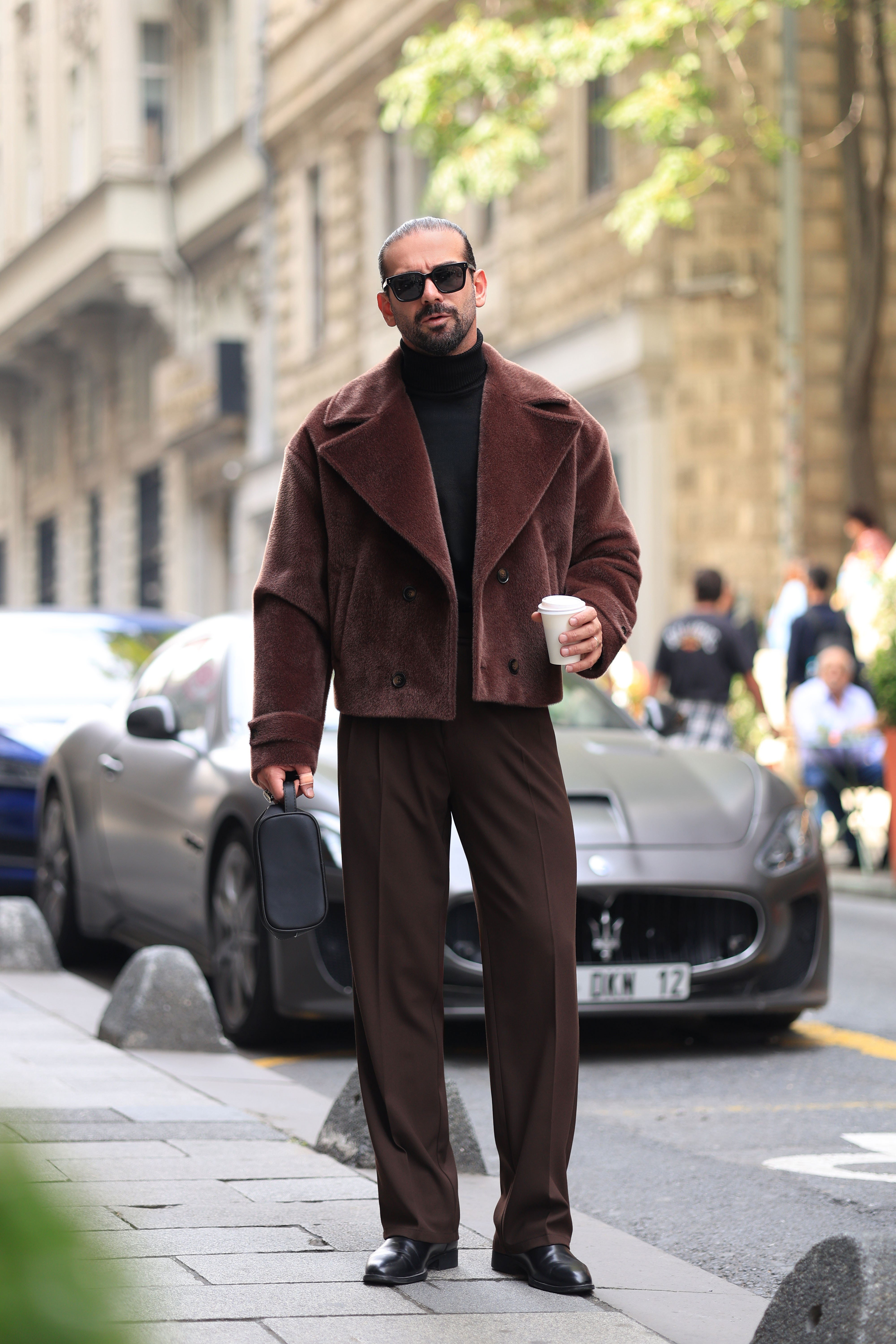 Premium Kalite Kahverengi Oversize Kruvaze Krop Fox Ceket