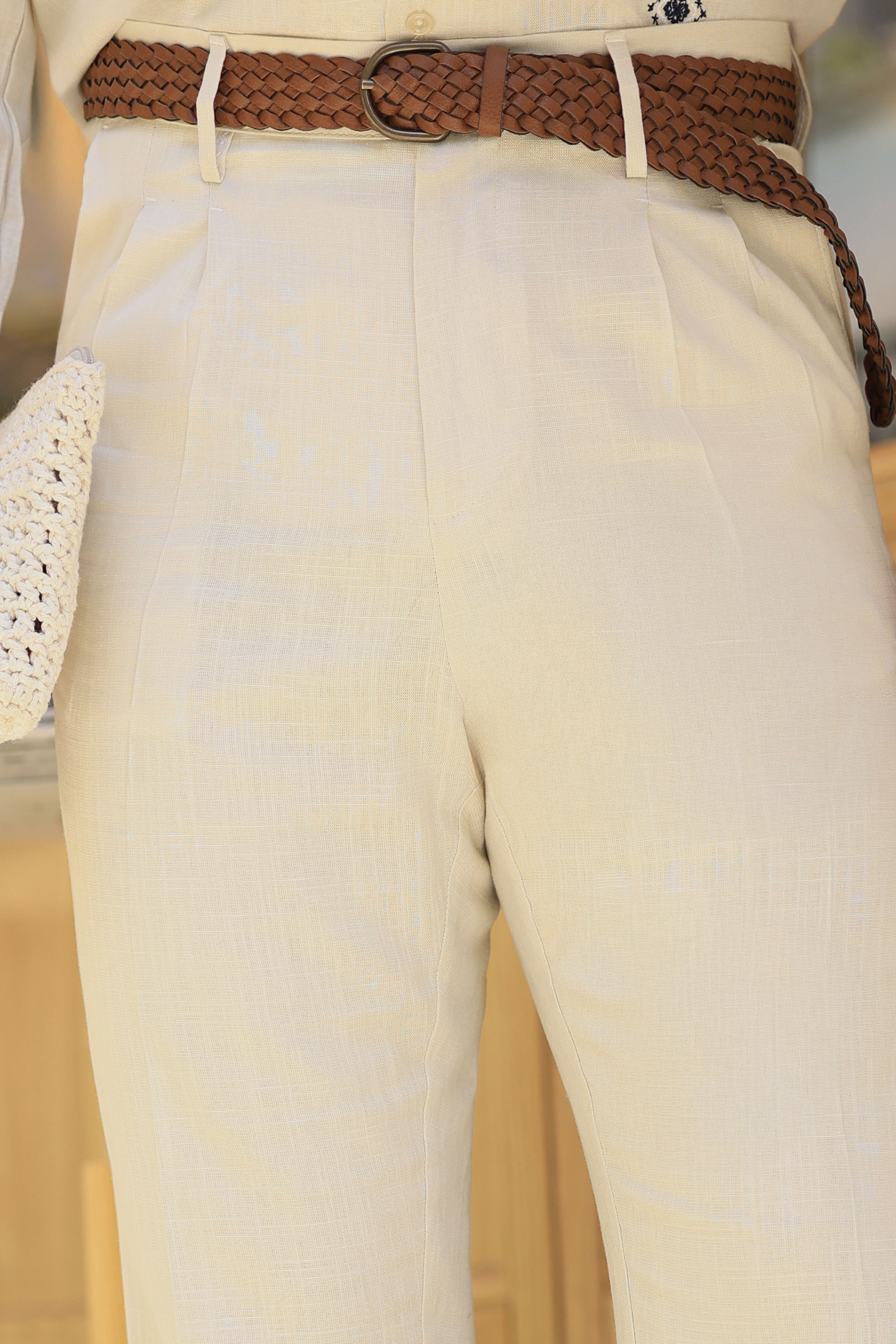 Premium Kalite Bej %70 Saf Keten %30 Pamuk İtalyan Style Regular Fit Çift Pileli Pantolon