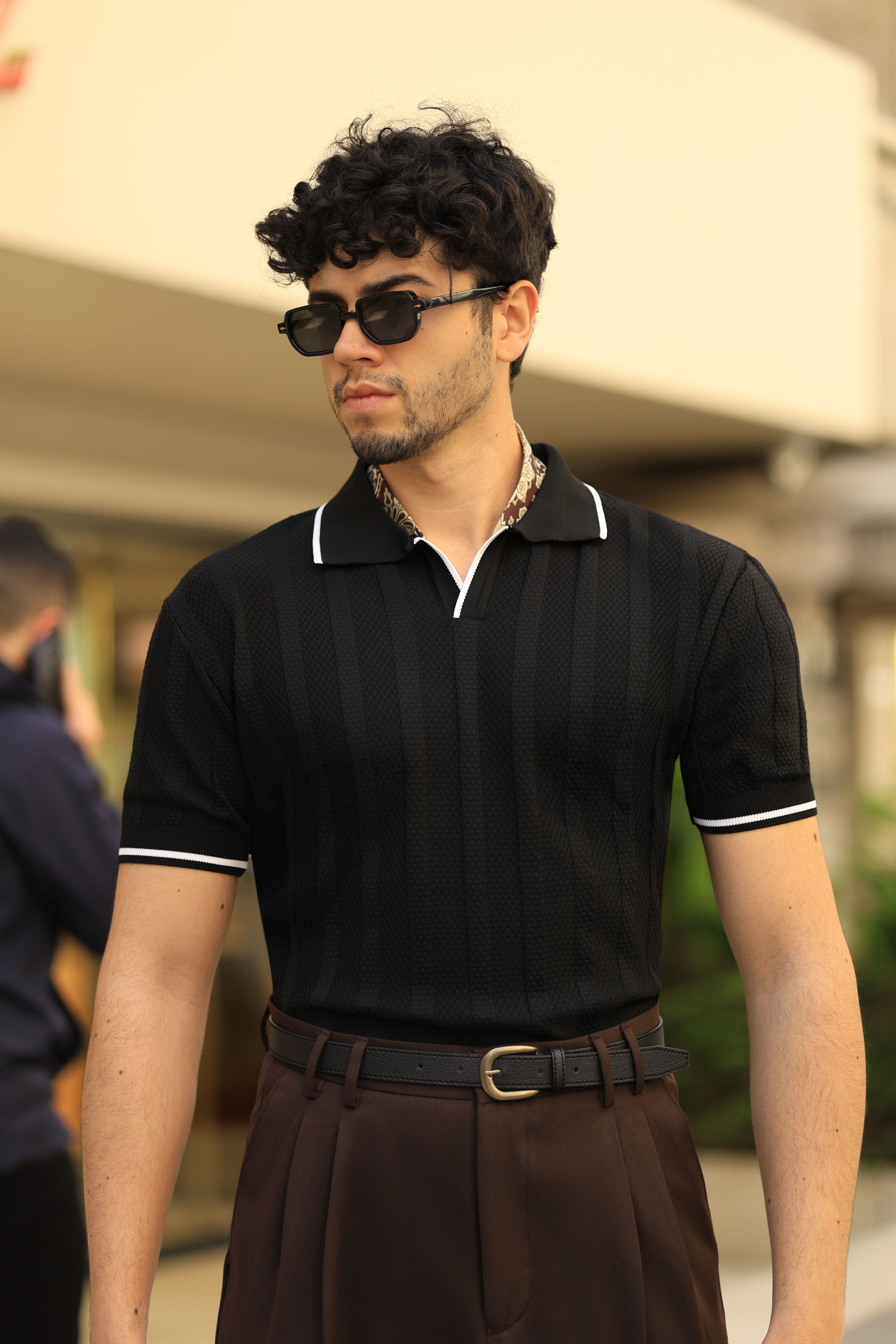 Premium Kalite Şerit Detaylı Siyah Regular Fit Triko