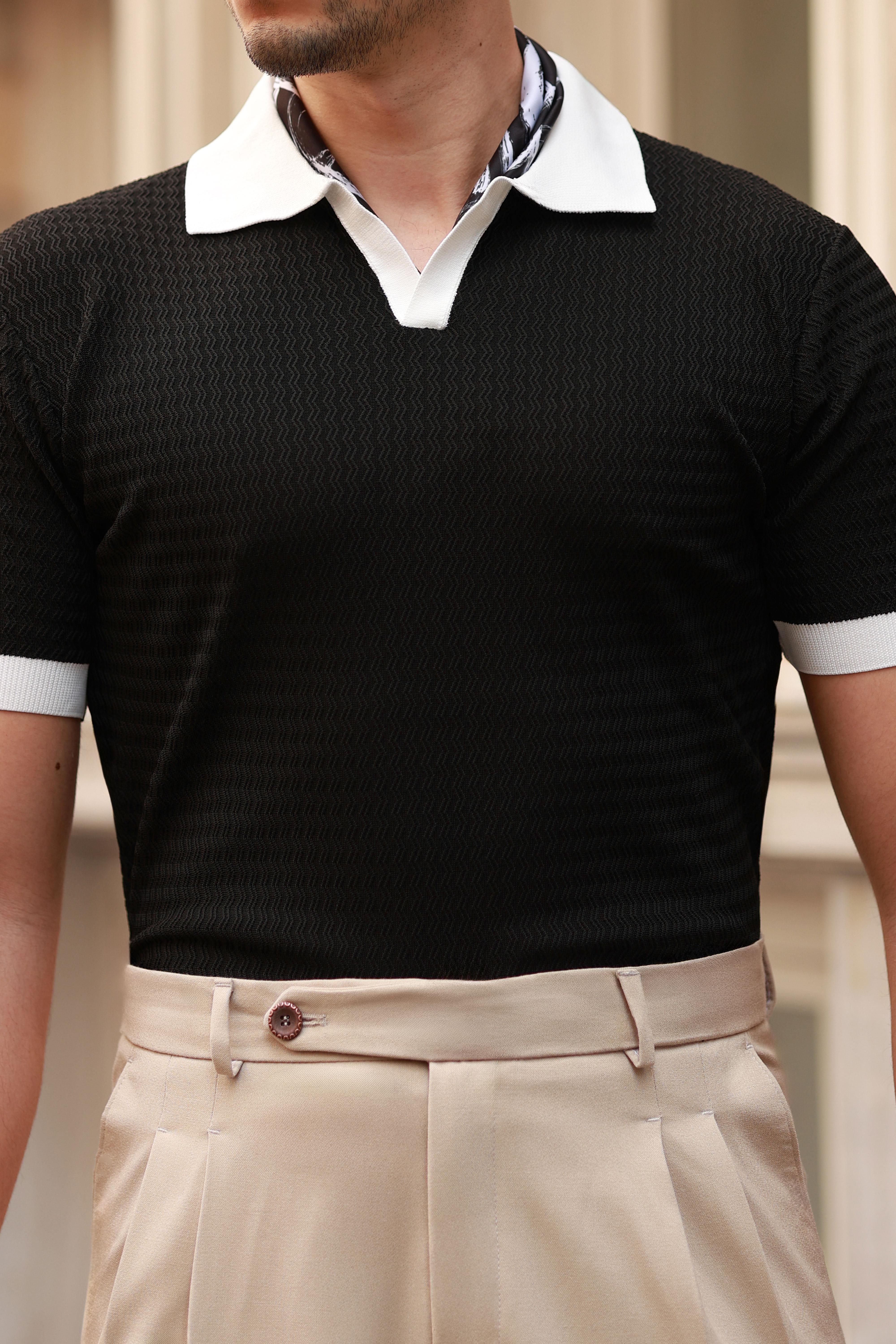 Premium Kalite İtalyan Yaka Siyah Regular Fit Triko