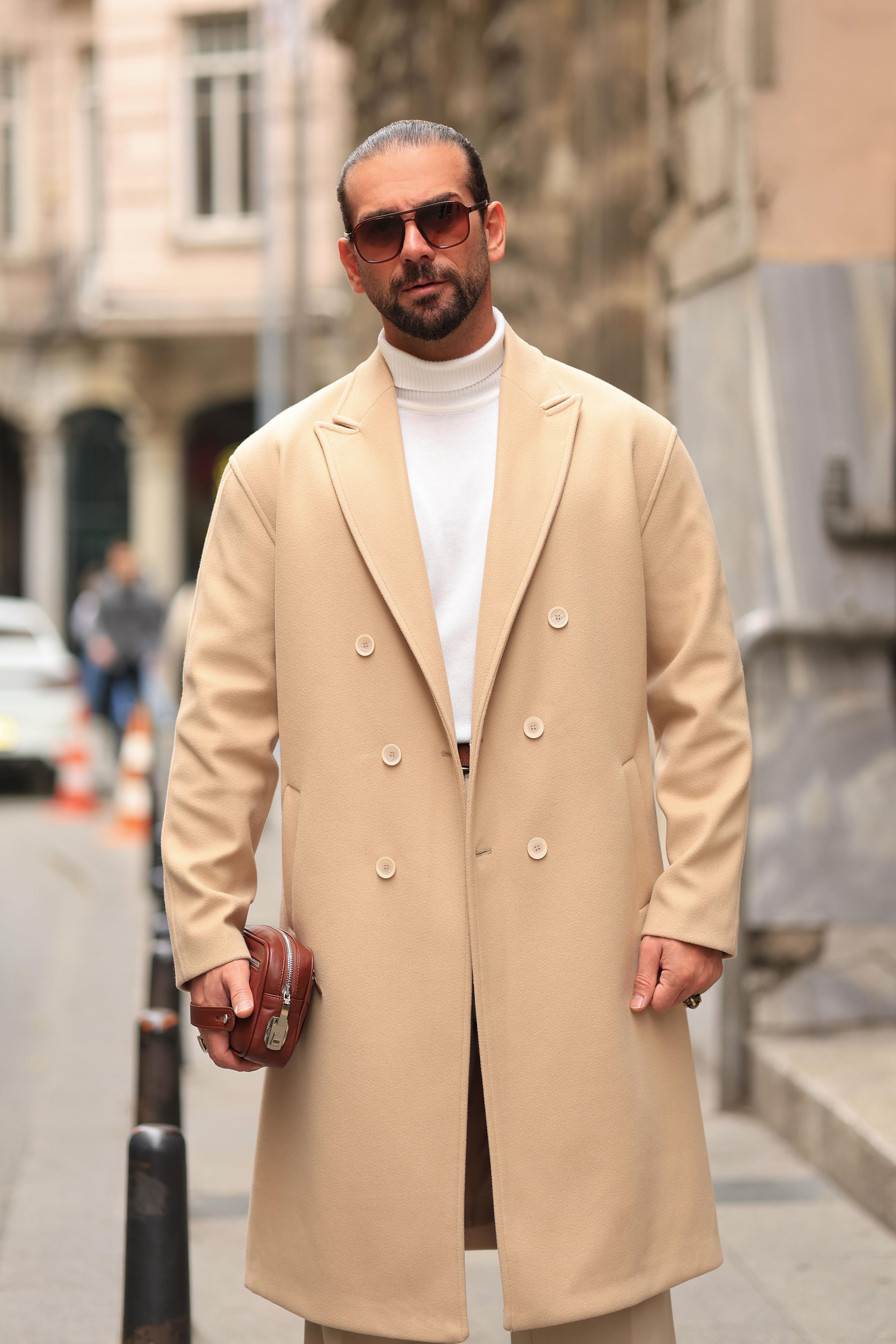 Premium Kalite Bej Özel Dikim Oversize Kaşe Kaban
