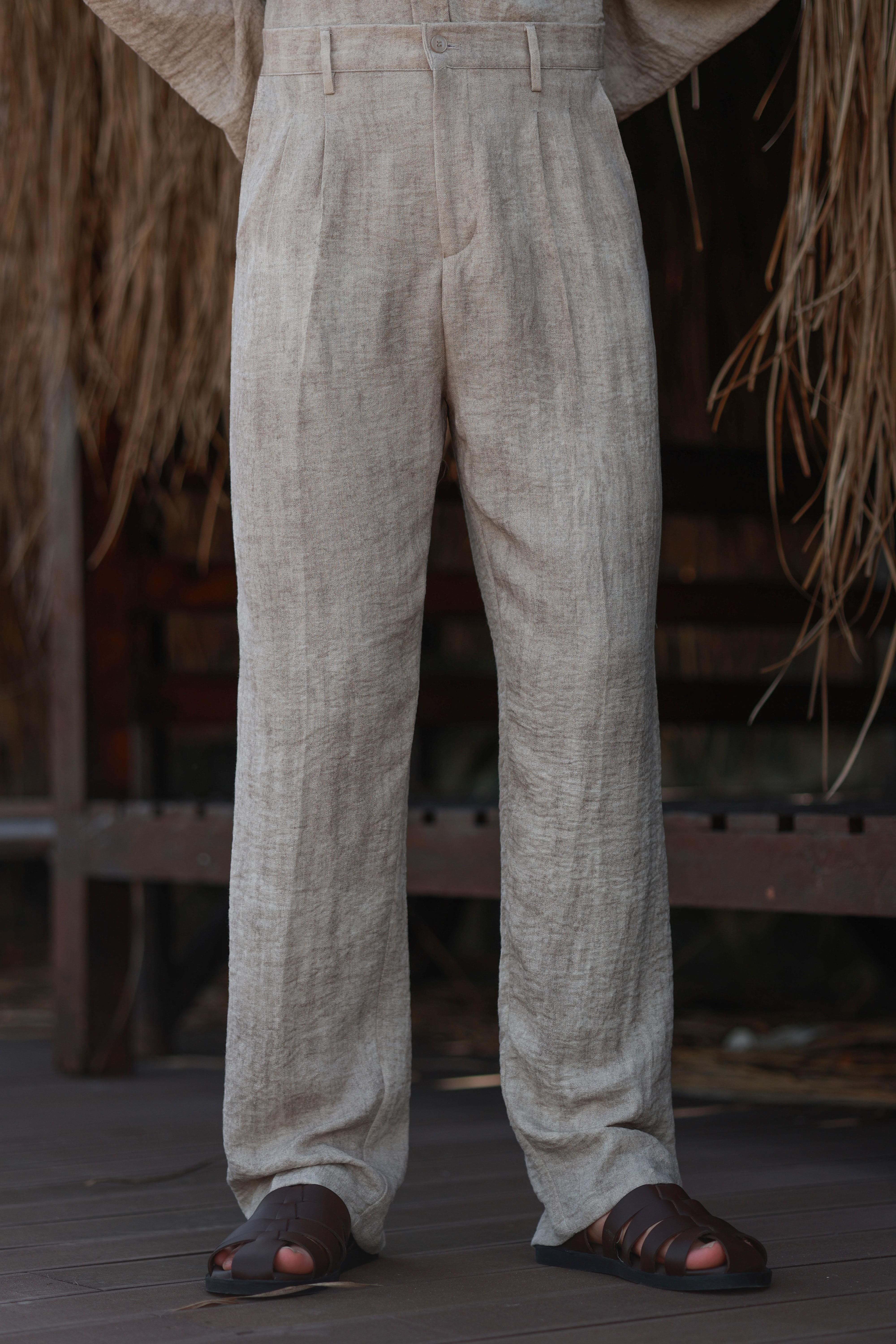Premium Kalite Bej %70 Saf Keten %30 Pamuk Oversize Keten Pantolon