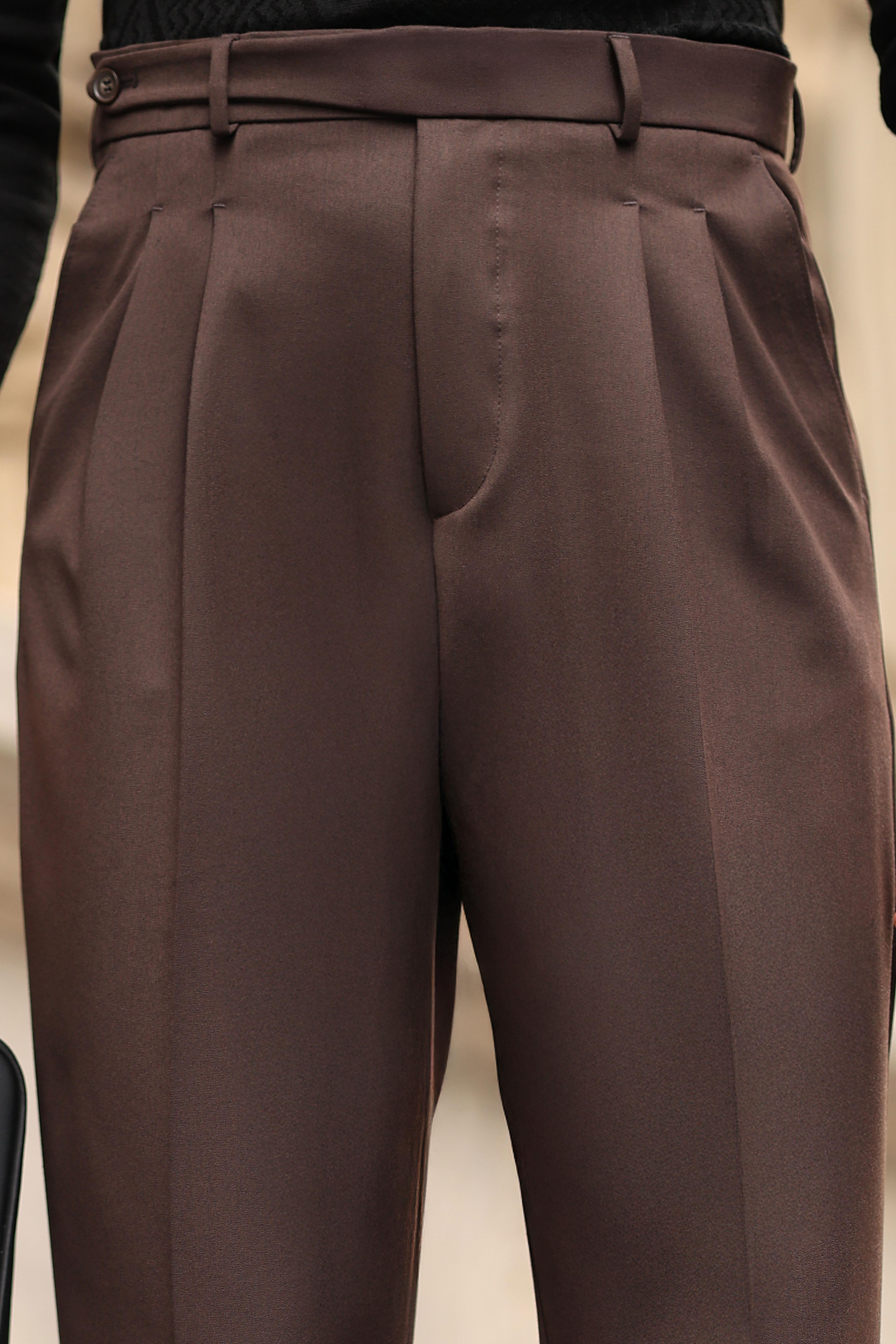 1.Kalite Kahverengi Çift Pileli Kemer Detaylı Casual Baggy Pantolon