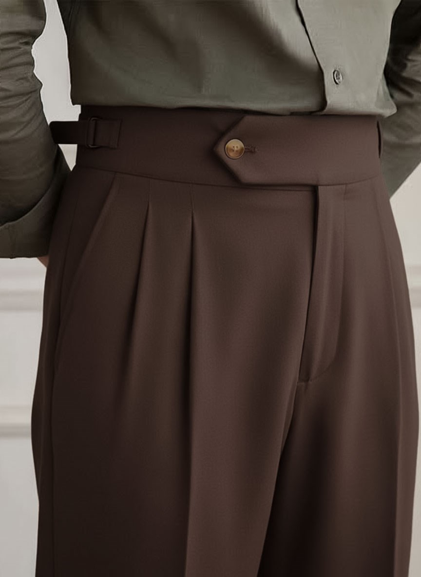 1. Kalite Kahverengi Çift Pileli Belden Tek Düğme Detay İtalyan Style Pantolon
