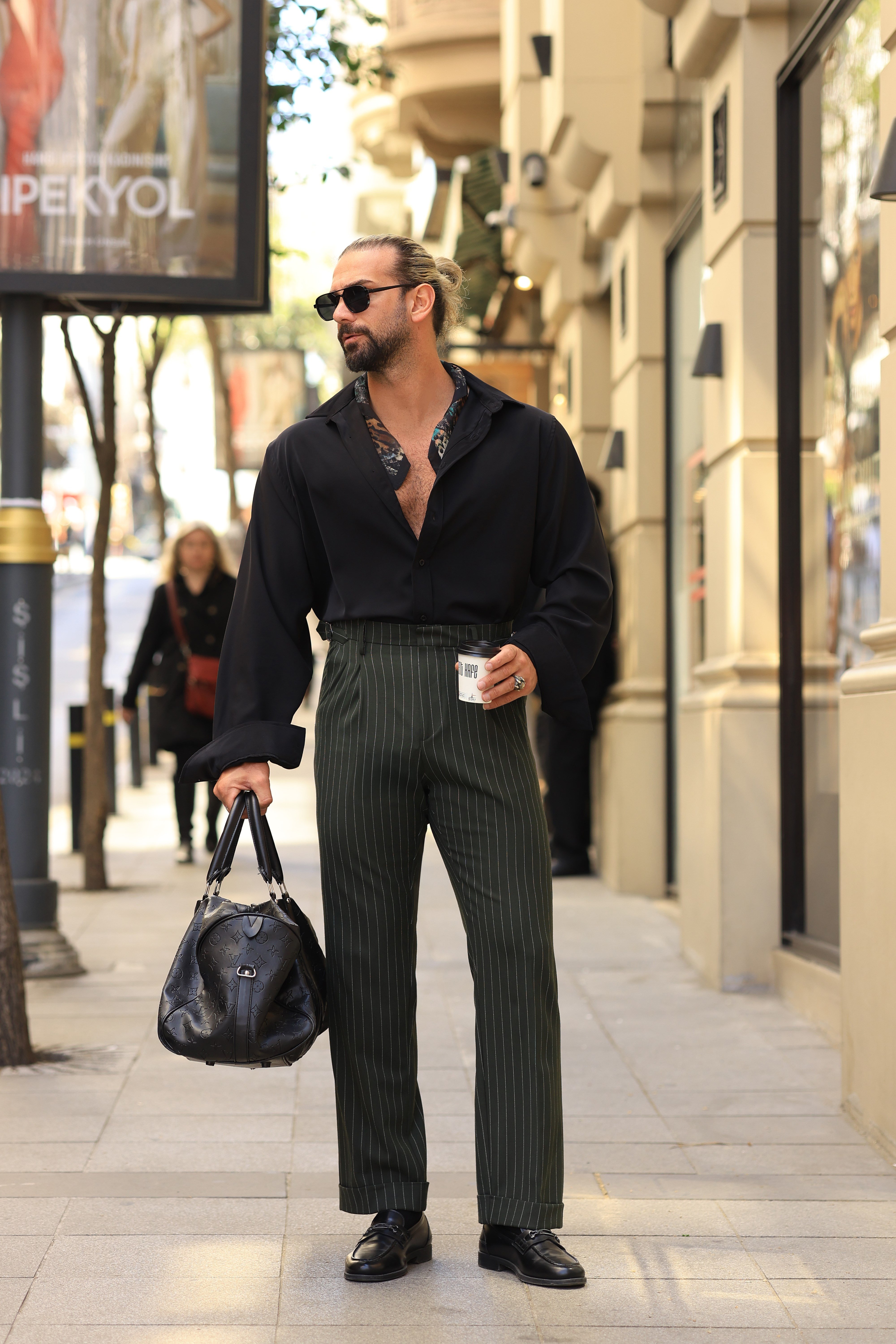 1.Kalite Haki Çift Pileli Yandan Kanca ve Çizgi Detay Yüksek Bel Pantolon