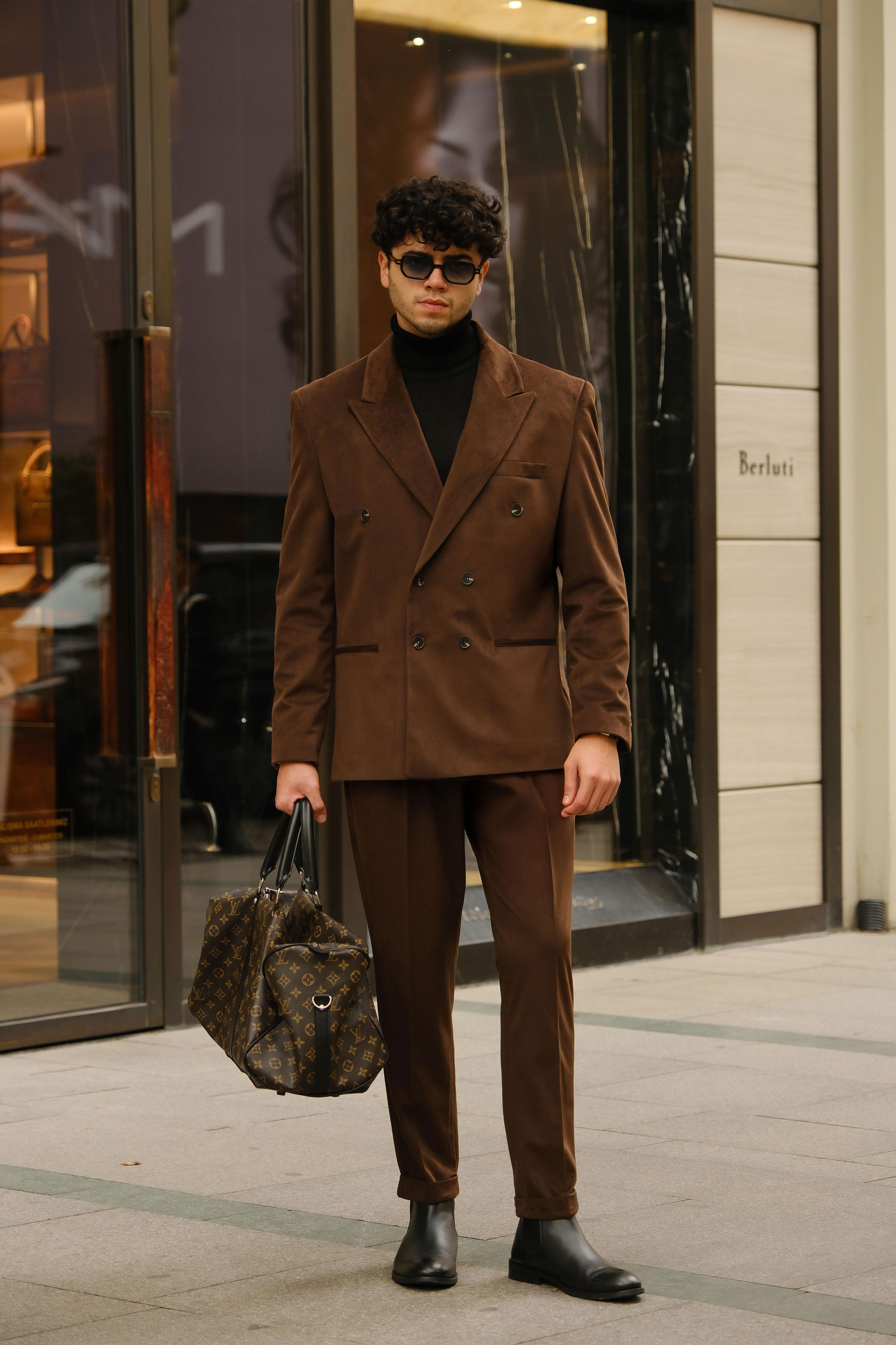 İtalyan Style&Oversize Kahverengi %100 Pamuk Kadife Kumaş Özel Tasarım Takım Elbise