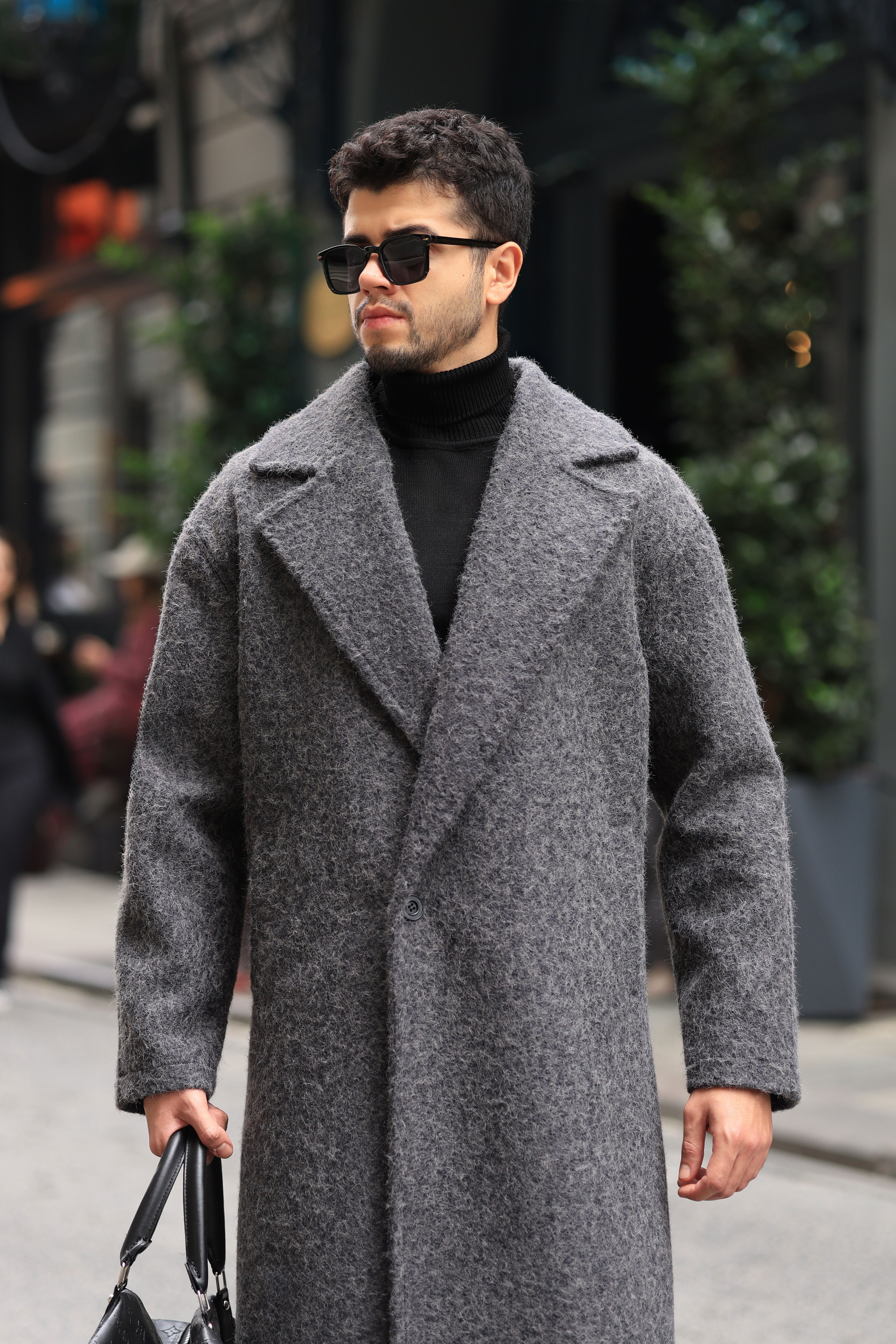 Premium Kalite Antrasit %60 Yün %40 Pamuk Oversize Tek Düğme Detay Kaban