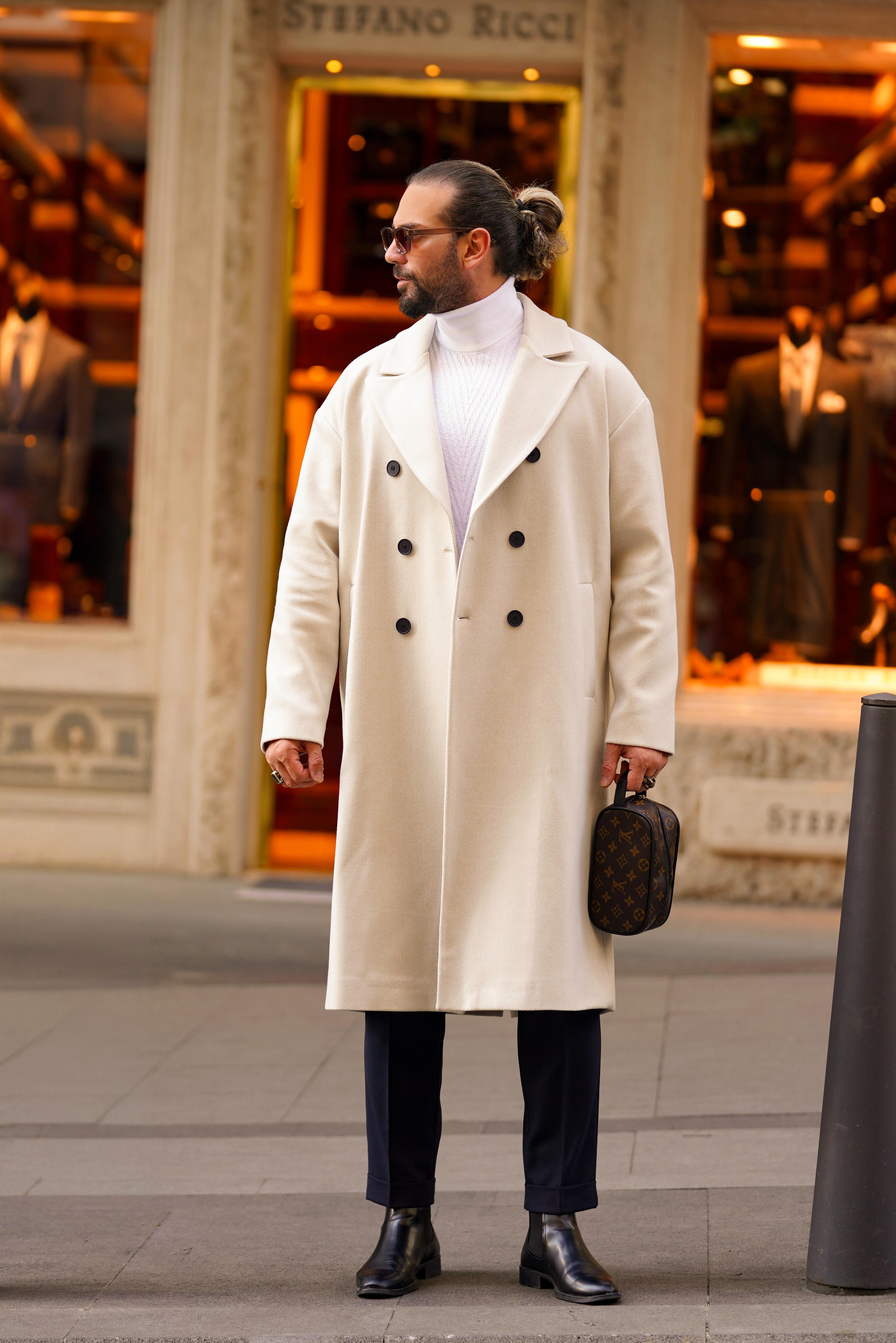 Premium Kalite Açık Bej Oversize Kruvaze Kaşe Kaban