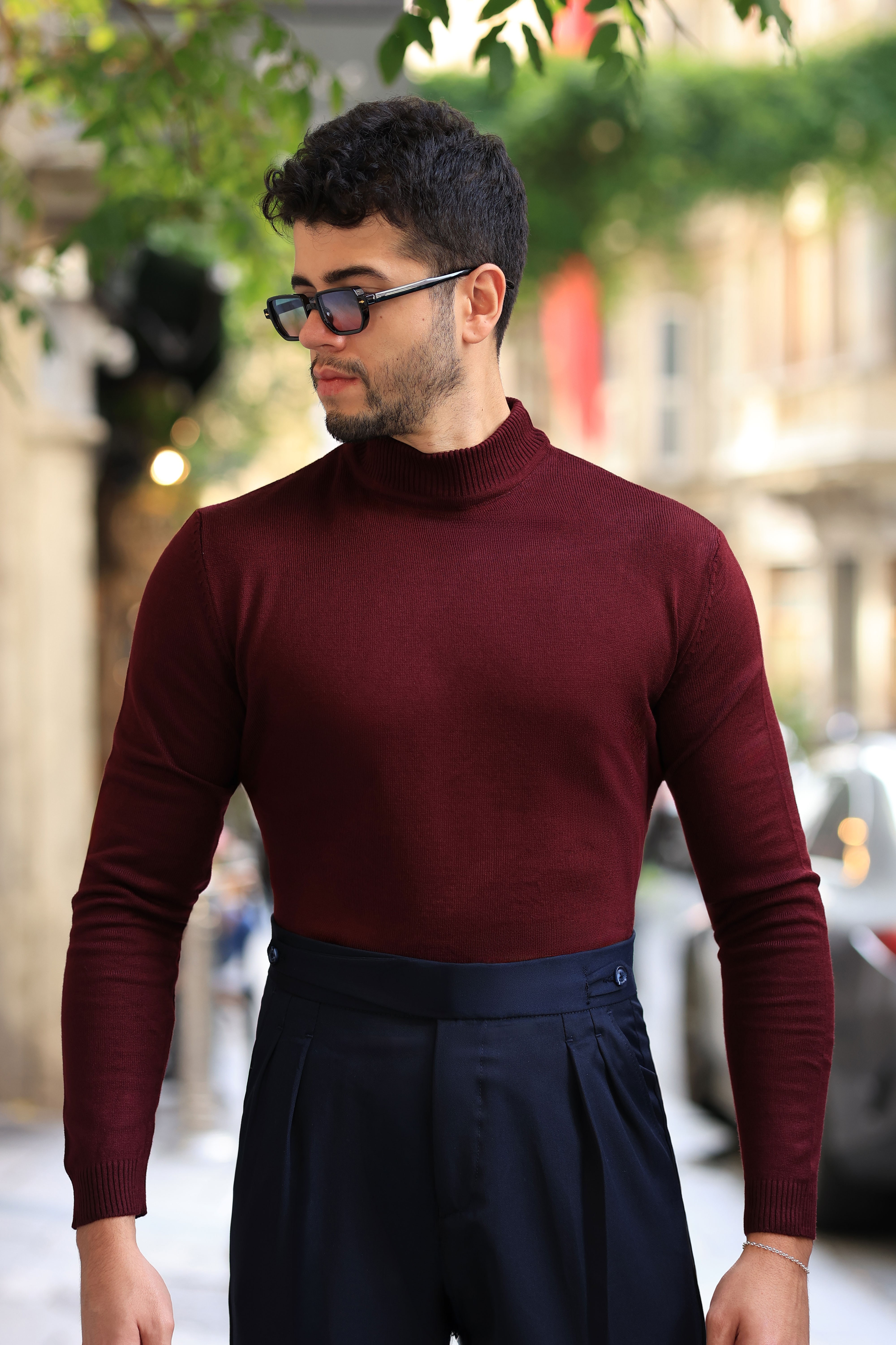 %100 Pamuk Bordo Basic Yarım Boğazlı Triko