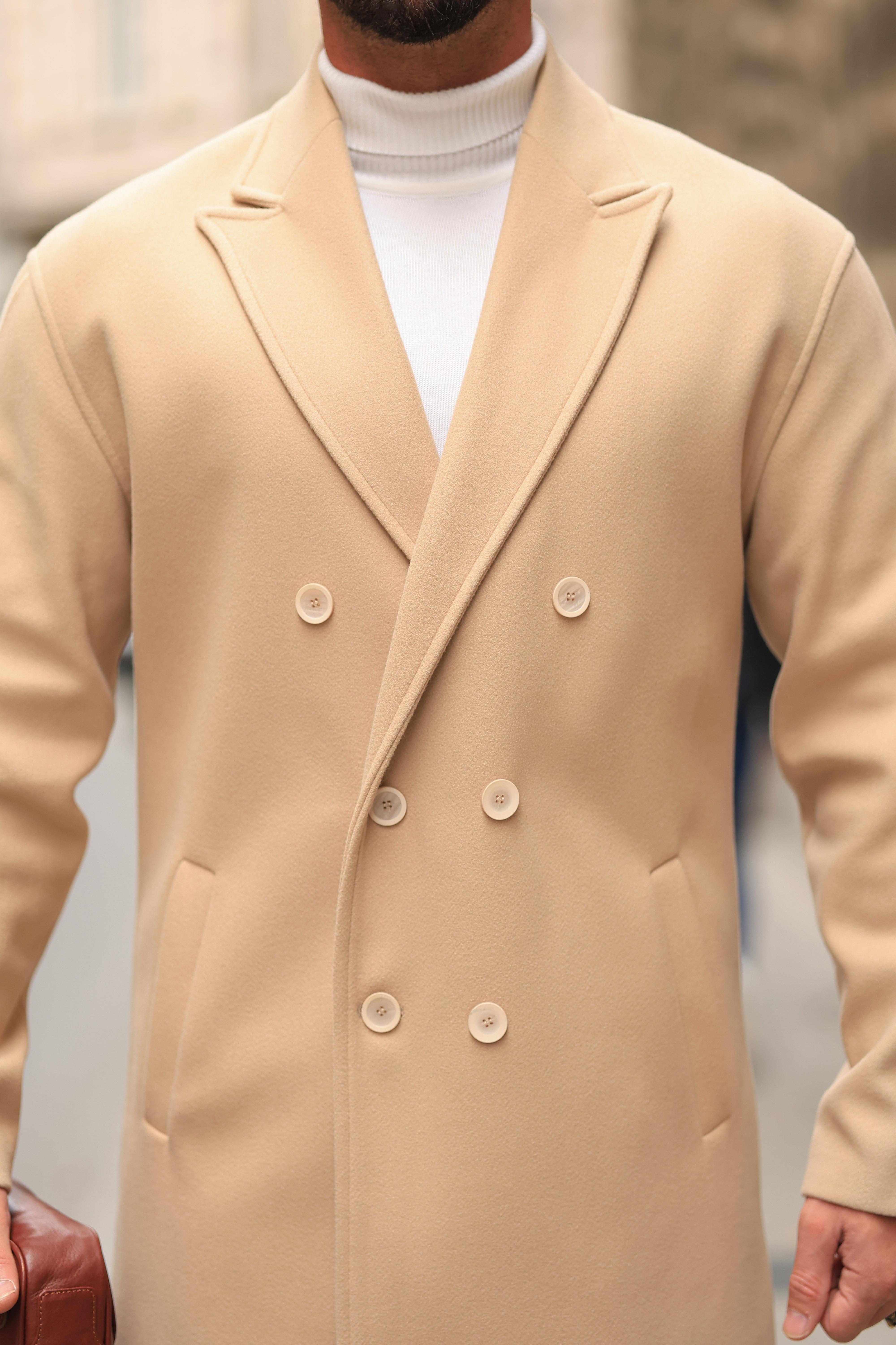 Premium Kalite Bej Özel Dikim Oversize Kaşe Kaban