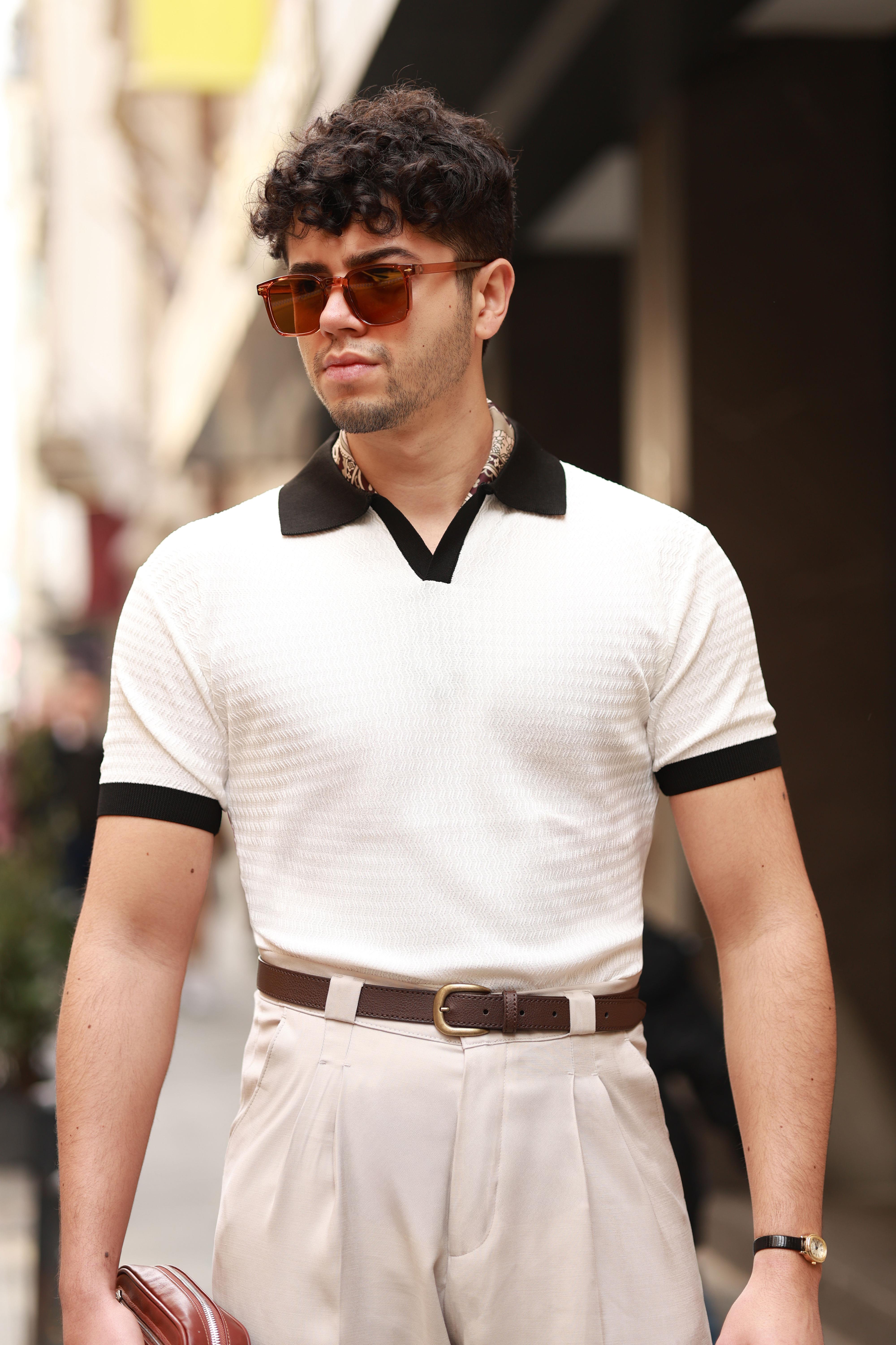 Premium Kalite İtalyan Yaka Ekru Regular Fit Triko