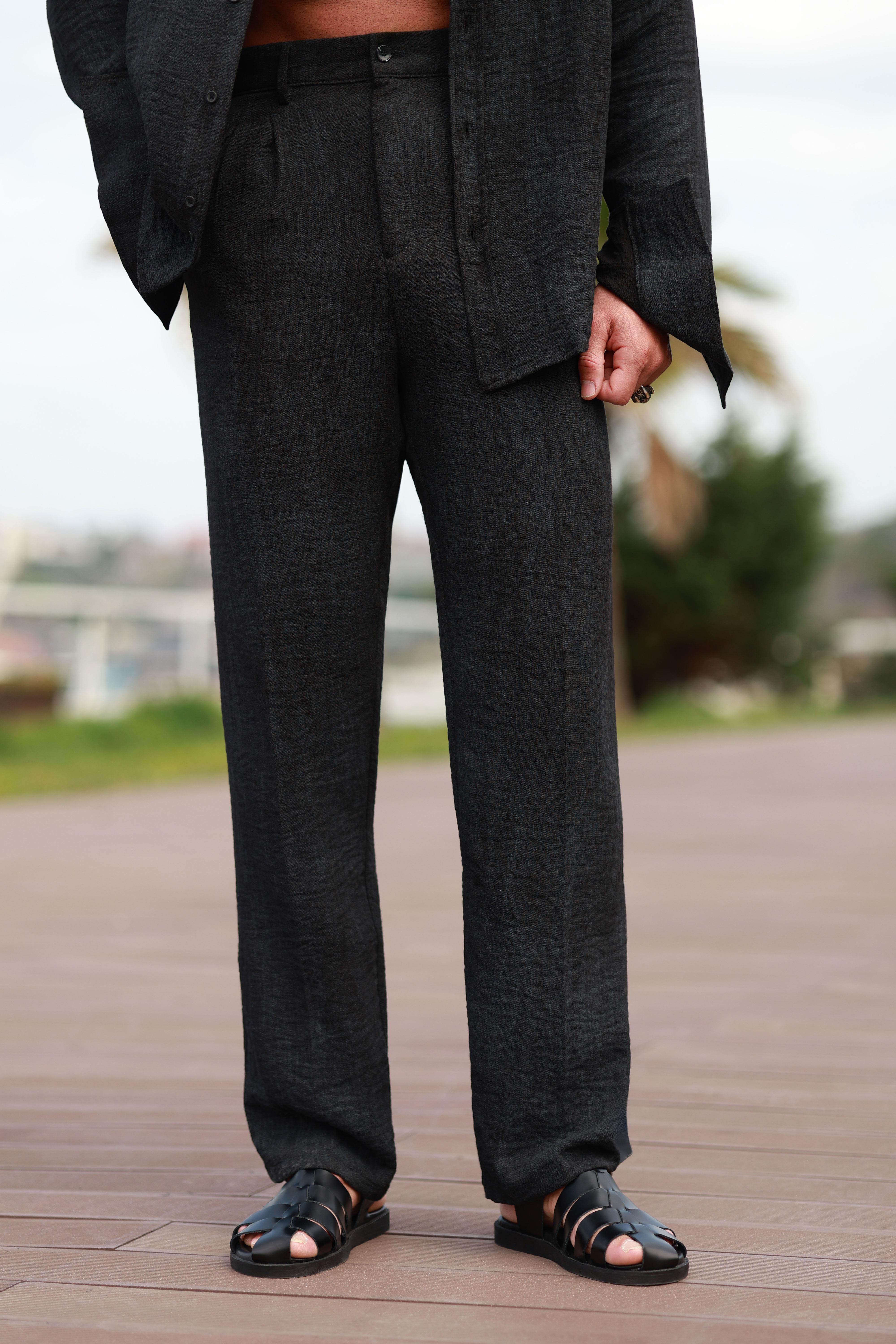 Premium Kalite Siyah %70 Saf Keten %30 Pamuk Oversize Keten Takım