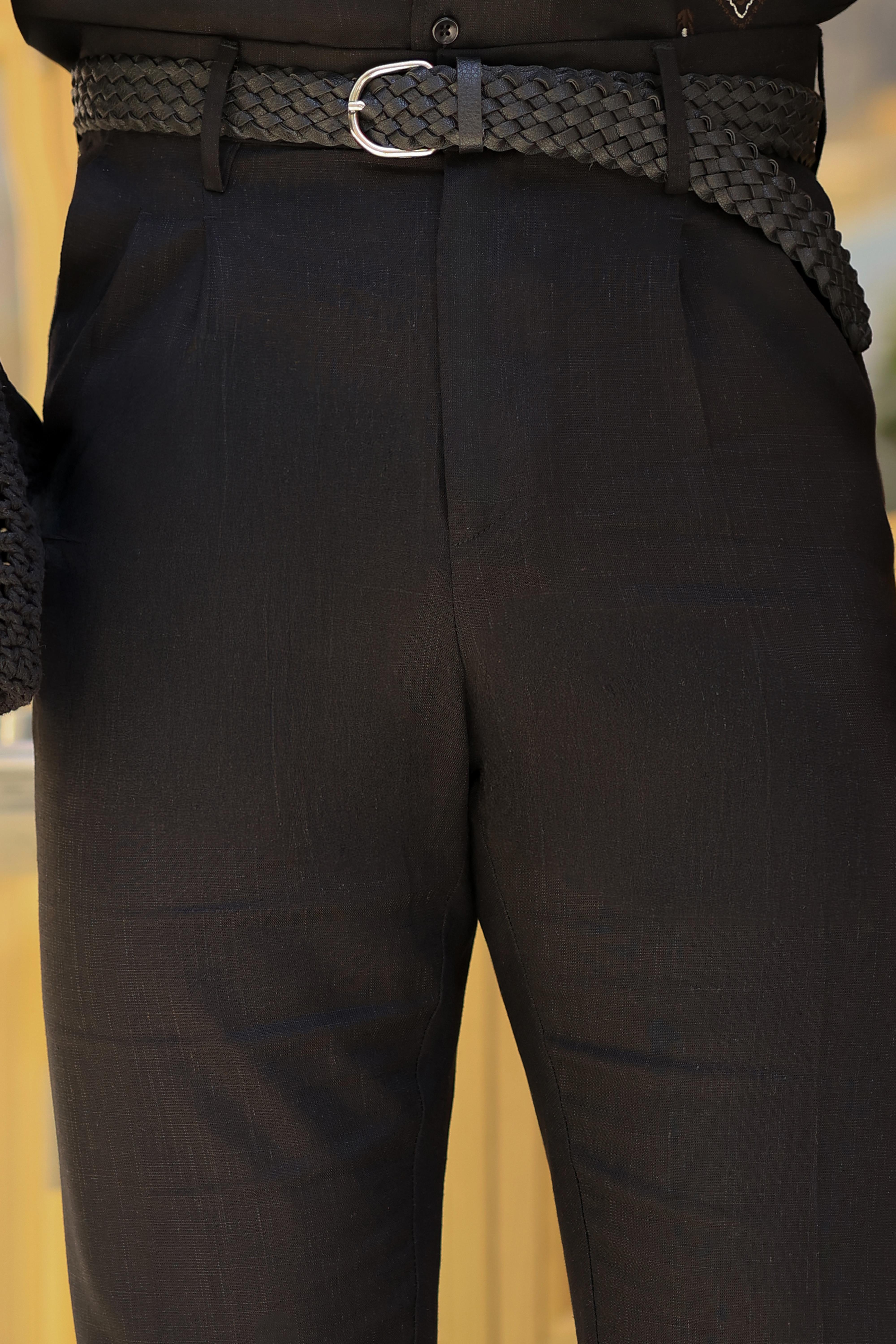 Premium Kalite Siyah %70 Saf Keten %30 Pamuk İtalyan Style Regular Fit Çift Pileli Pantolon