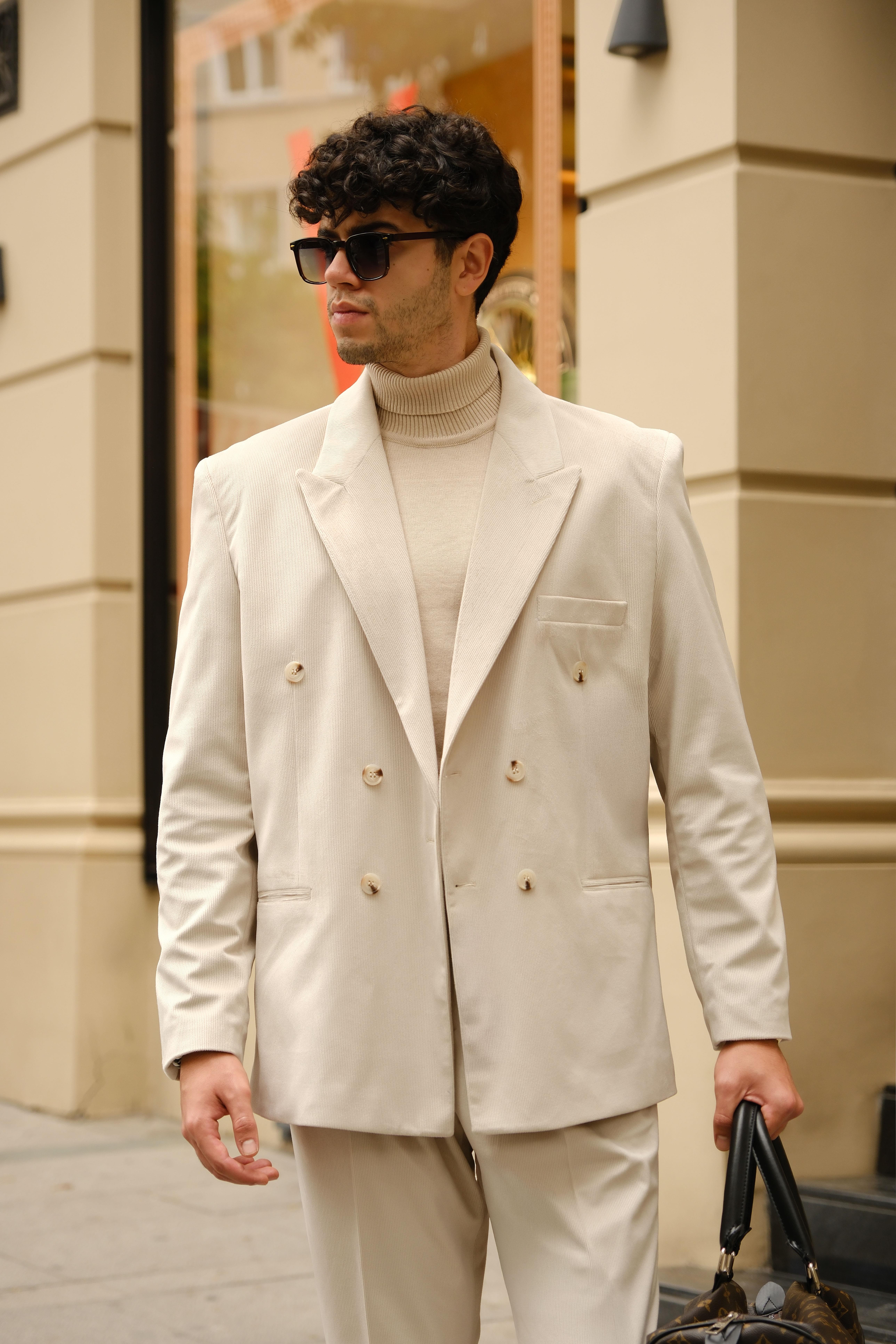 İtalyan Style&Oversize Bej Rengi %100 Pamuk Kadife Kumaş Özel Tasarım Takım Elbise