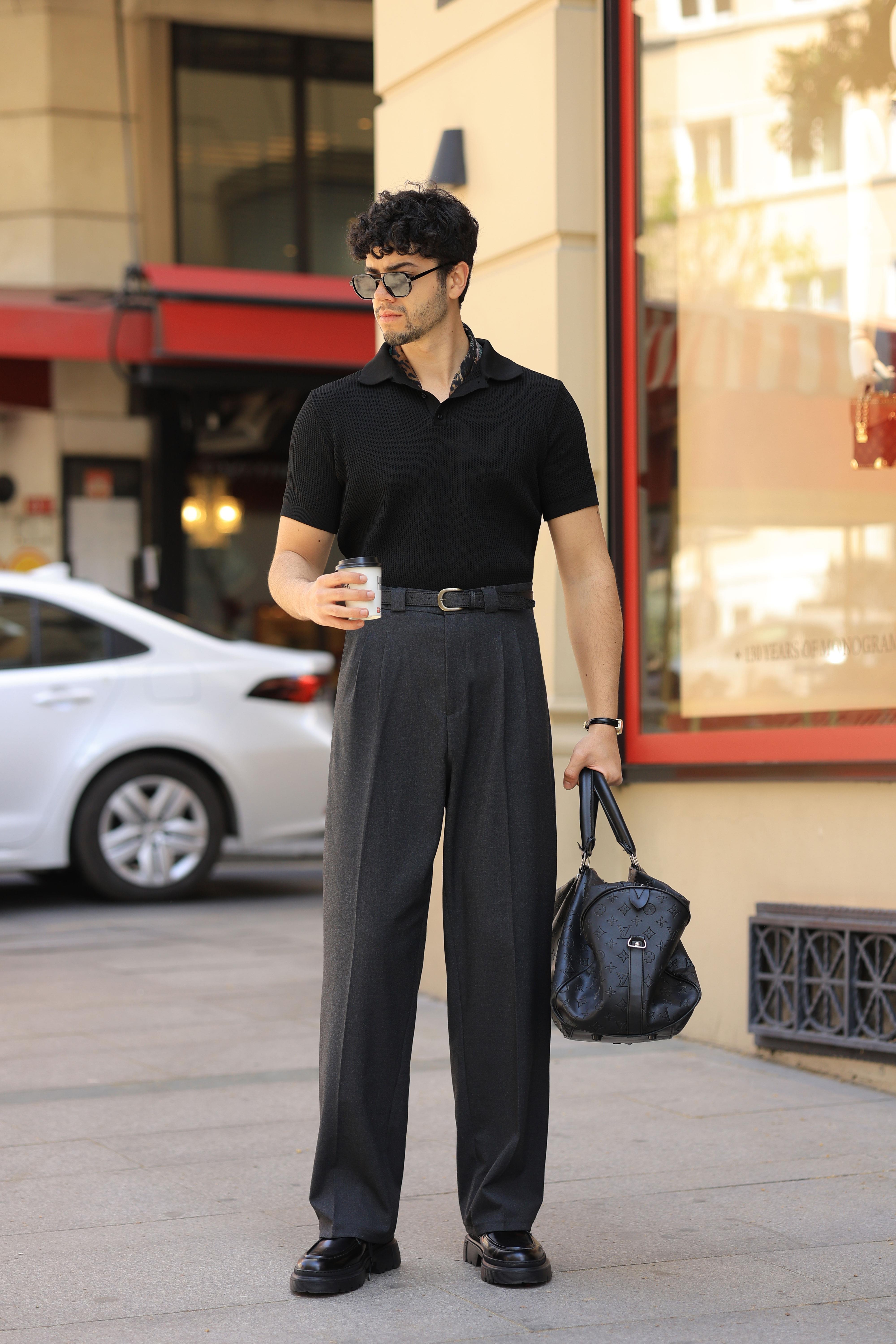 Premium Kalite Antrasit Çift Pileli Yüksek Bel Kalın Köprü Detay Baggy Fit Pantolon
