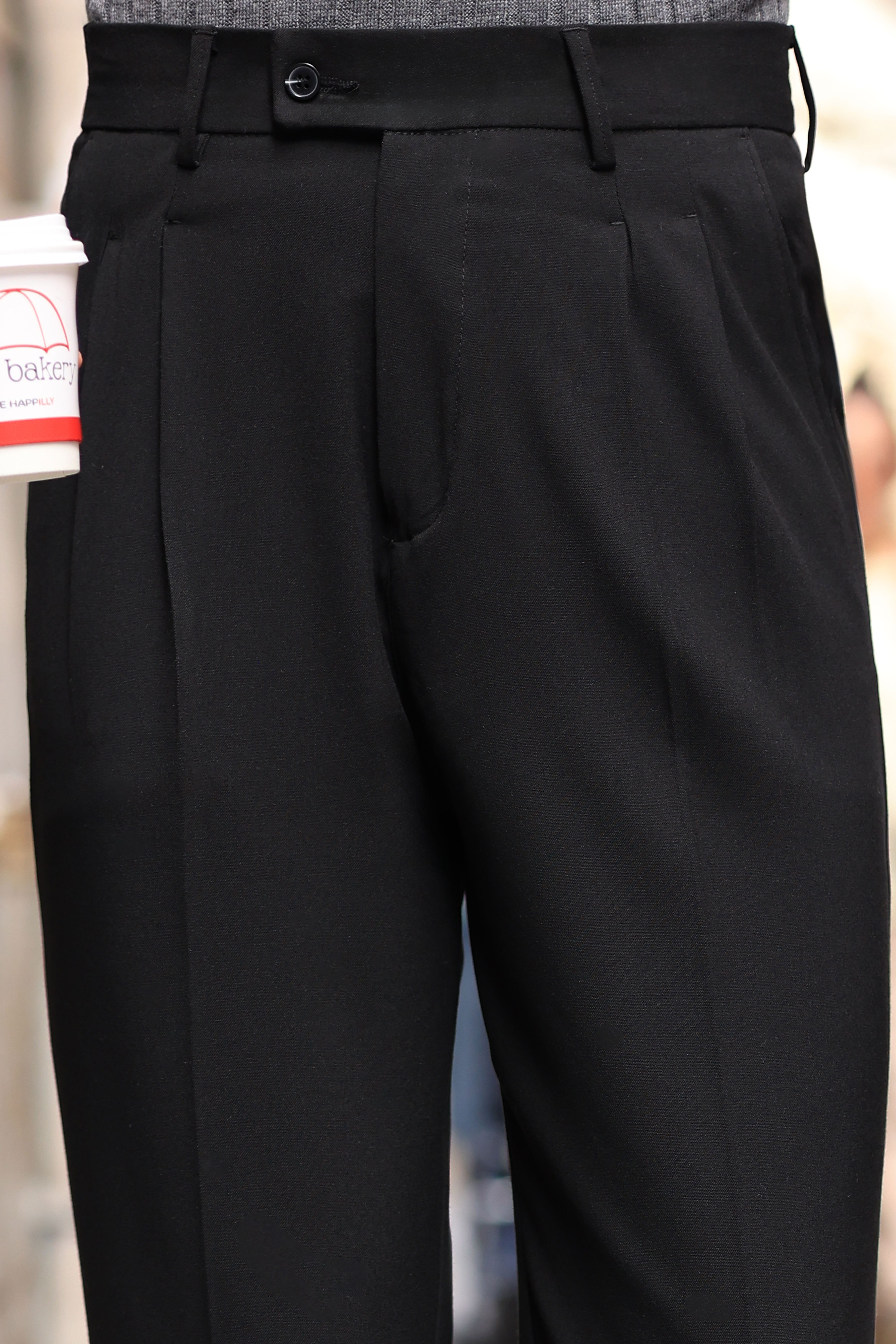 1.Kalite Siyah Tek Düğme Detay Çift Pileli Casual  Baggy Pantolon