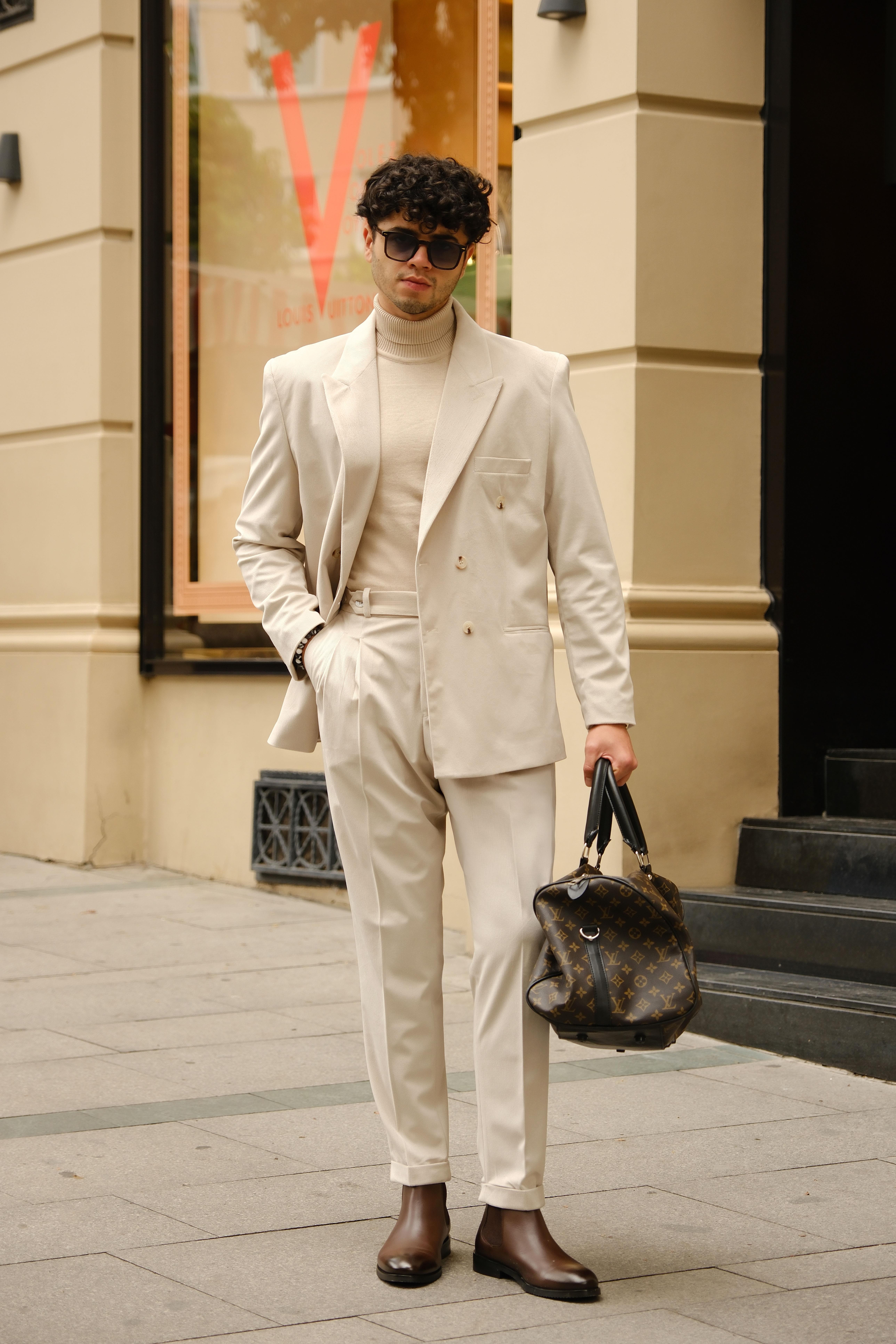 İtalyan Style&Oversize Bej Rengi %100 Pamuk Kadife Kumaş Özel Tasarım Takım Elbise