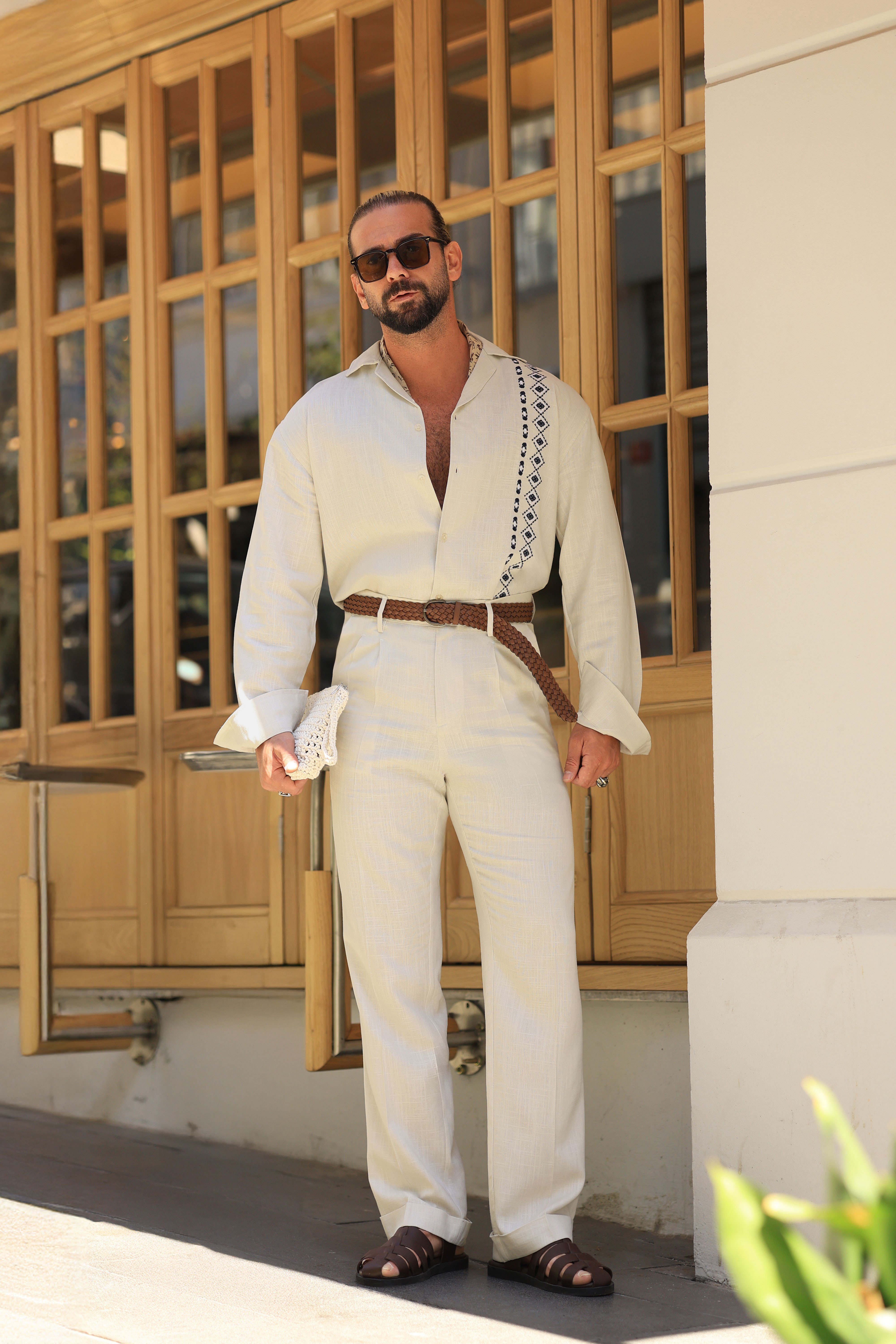 Premium Kalite Bej %70 Saf Keten %30 Pamuk İtalyan Style Regular Fit Çift Pileli Pantolon