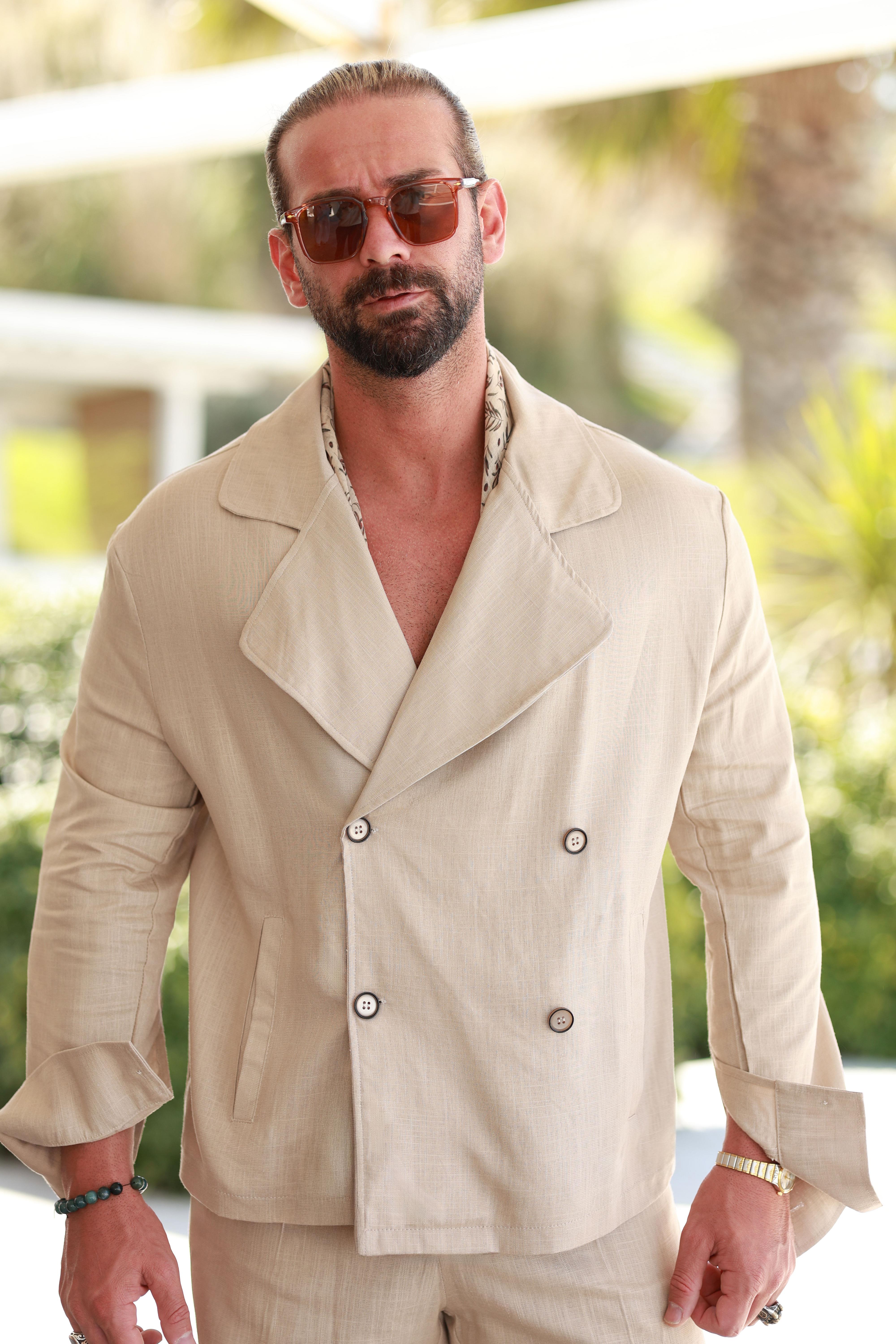 Premium Kalite Bej %70 Saf Keten %30 Pamuk Regular Fit Kruvaze Takım