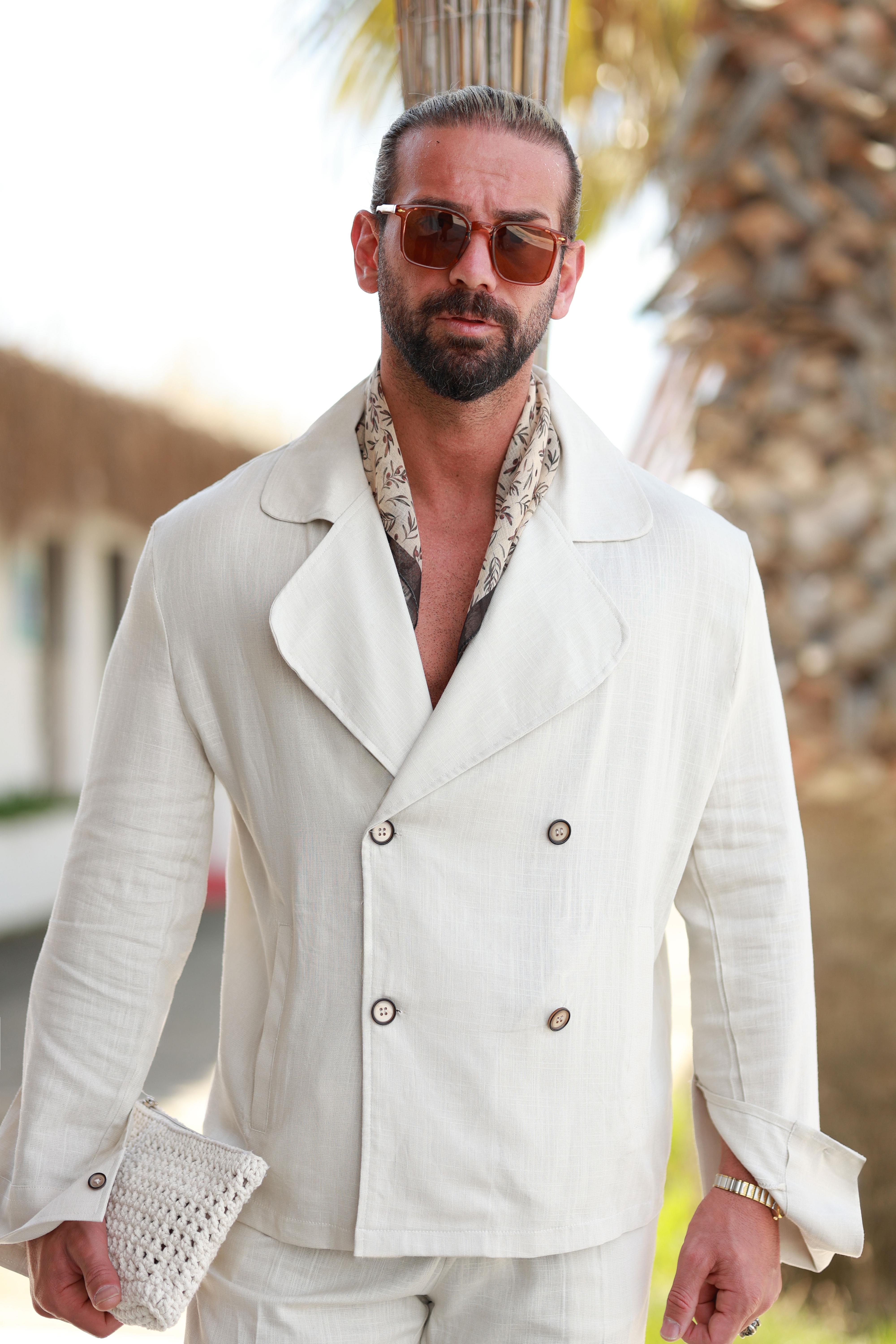 Premium Kalite Taş %70 Saf Keten %30 Pamuk Regular Fit Kruvaze Takım 